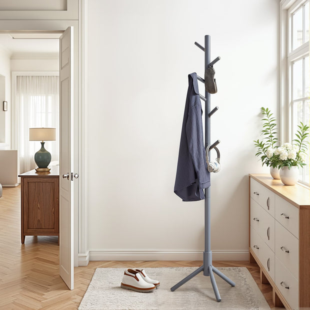 Solid Wood Coat Rack – Solid Wood – White – Tree-Shaped Design with 8 Hooks and 3 Height Options