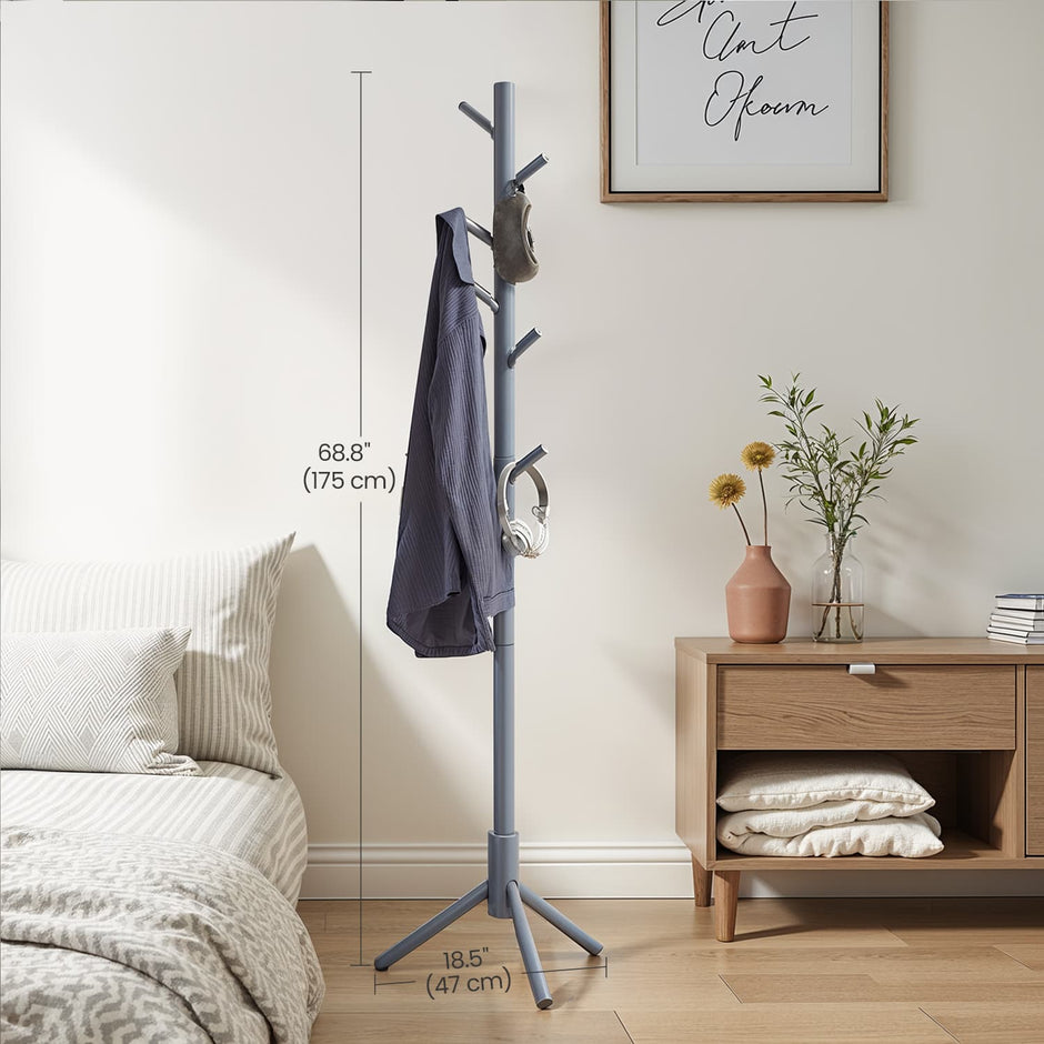 Solid Wood Coat Rack – Solid Wood – White – Tree-Shaped Design with 8 Hooks and 3 Height Options