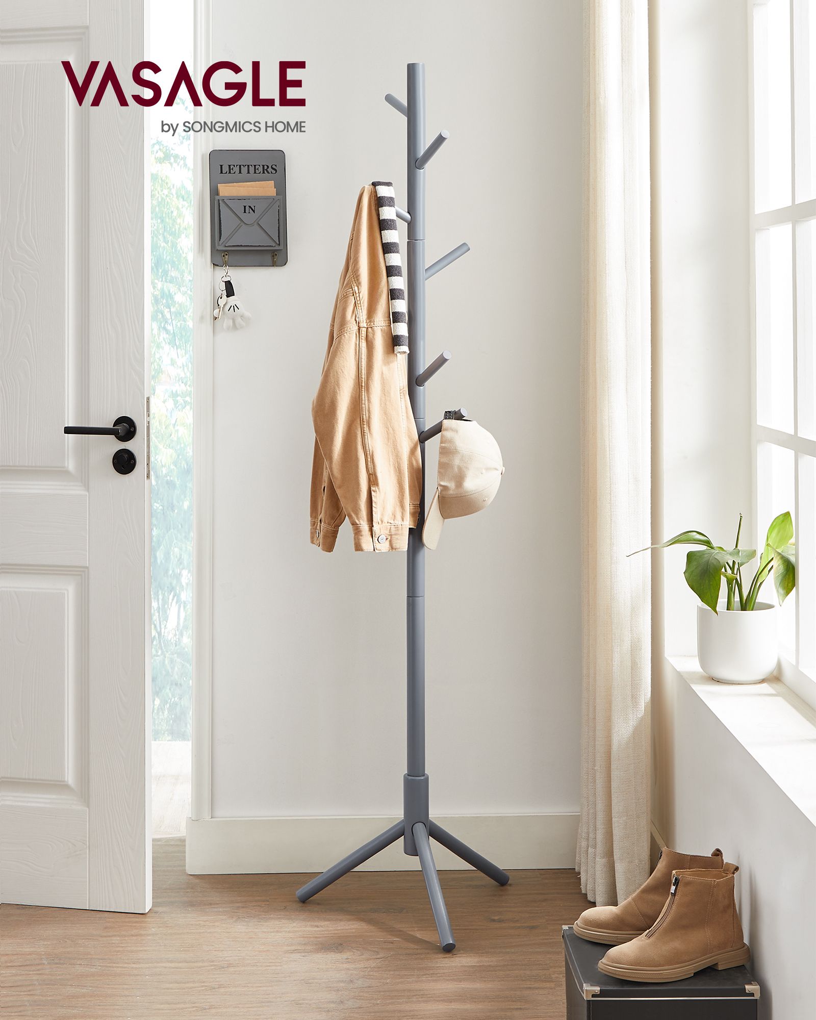 Coat Rack – Solid Wood – Black – Free Standing with 8 Hooks