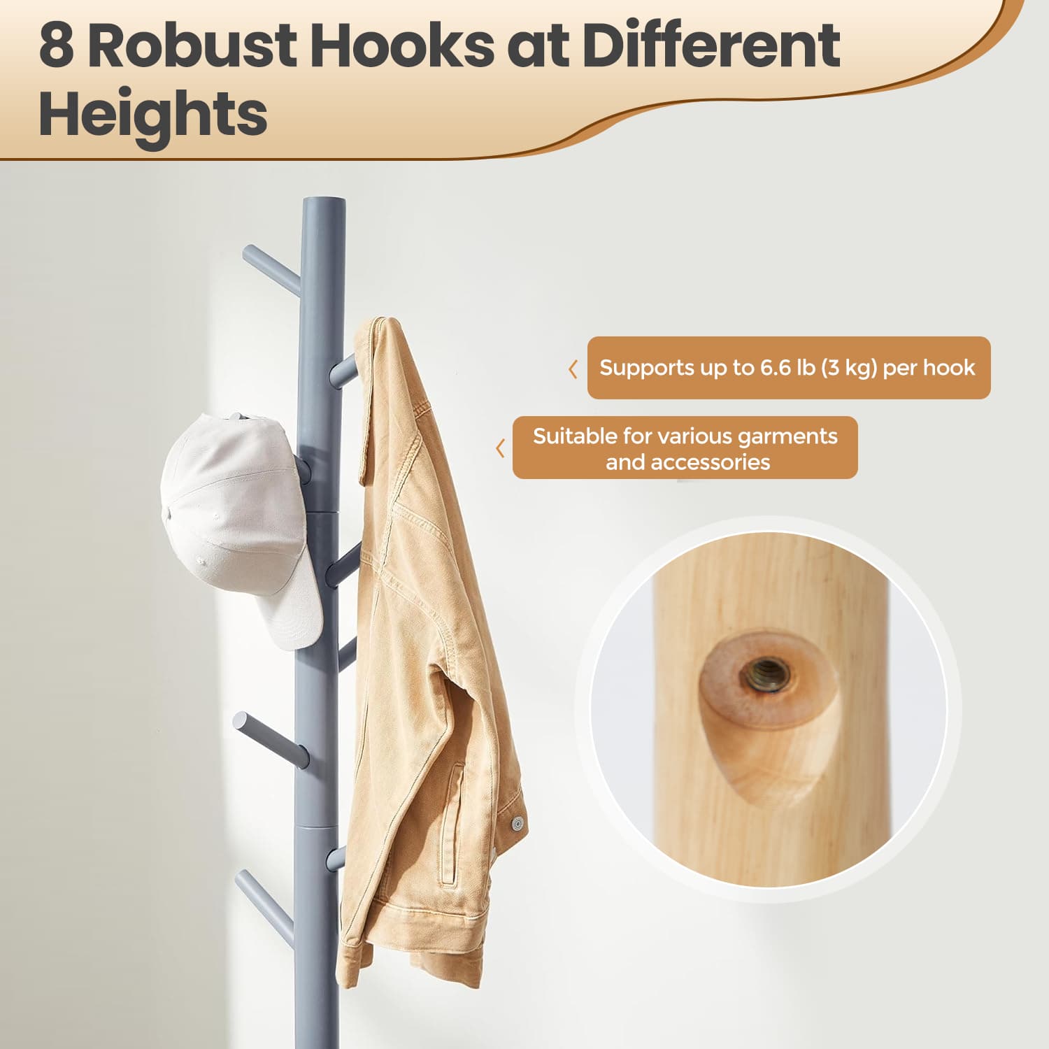 Solid Wood Coat Rack – Solid Wood – White – Tree-Shaped Design with 8 Hooks and 3 Height Options