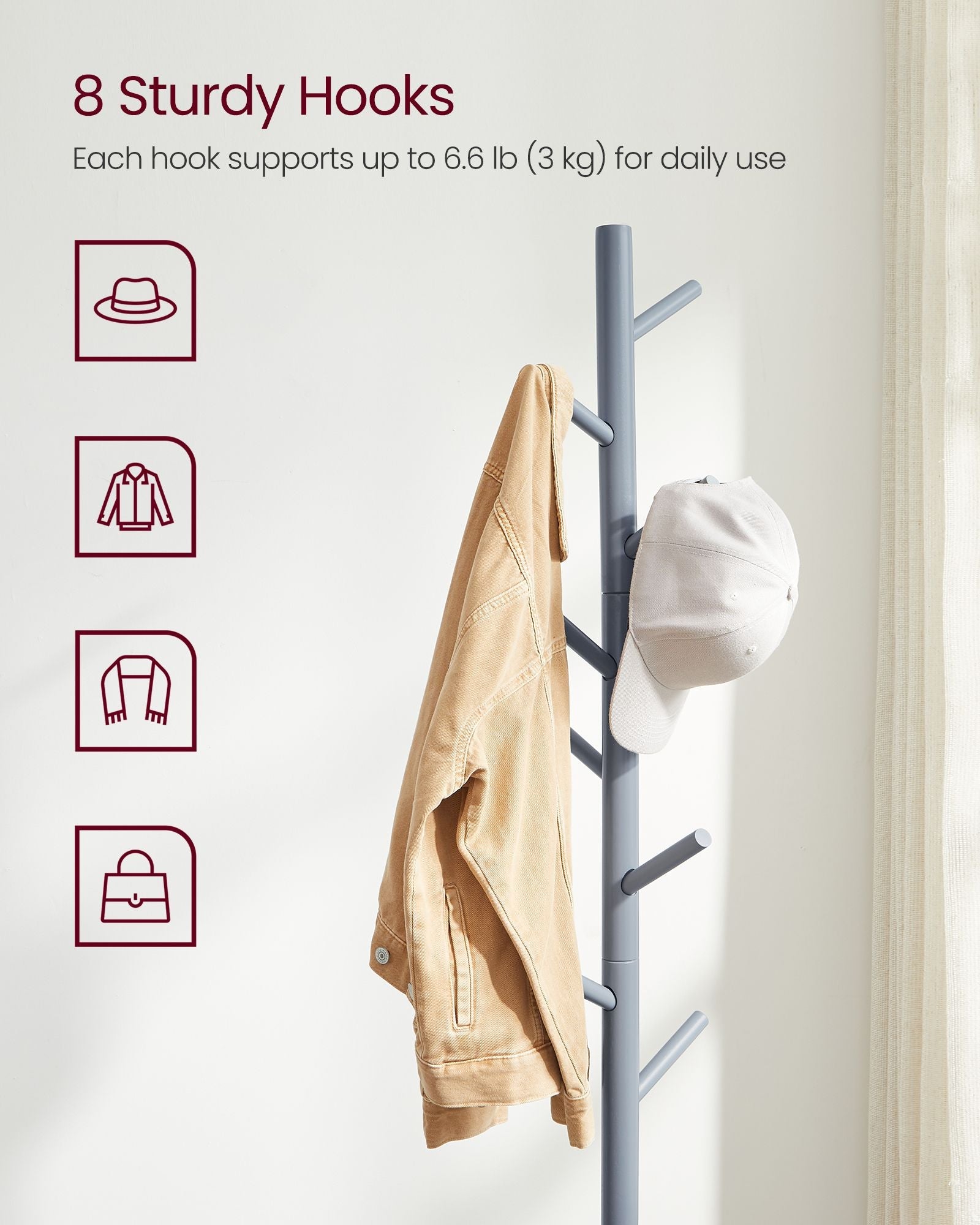 Coat Rack – Solid Wood – Black – Free Standing with 8 Hooks