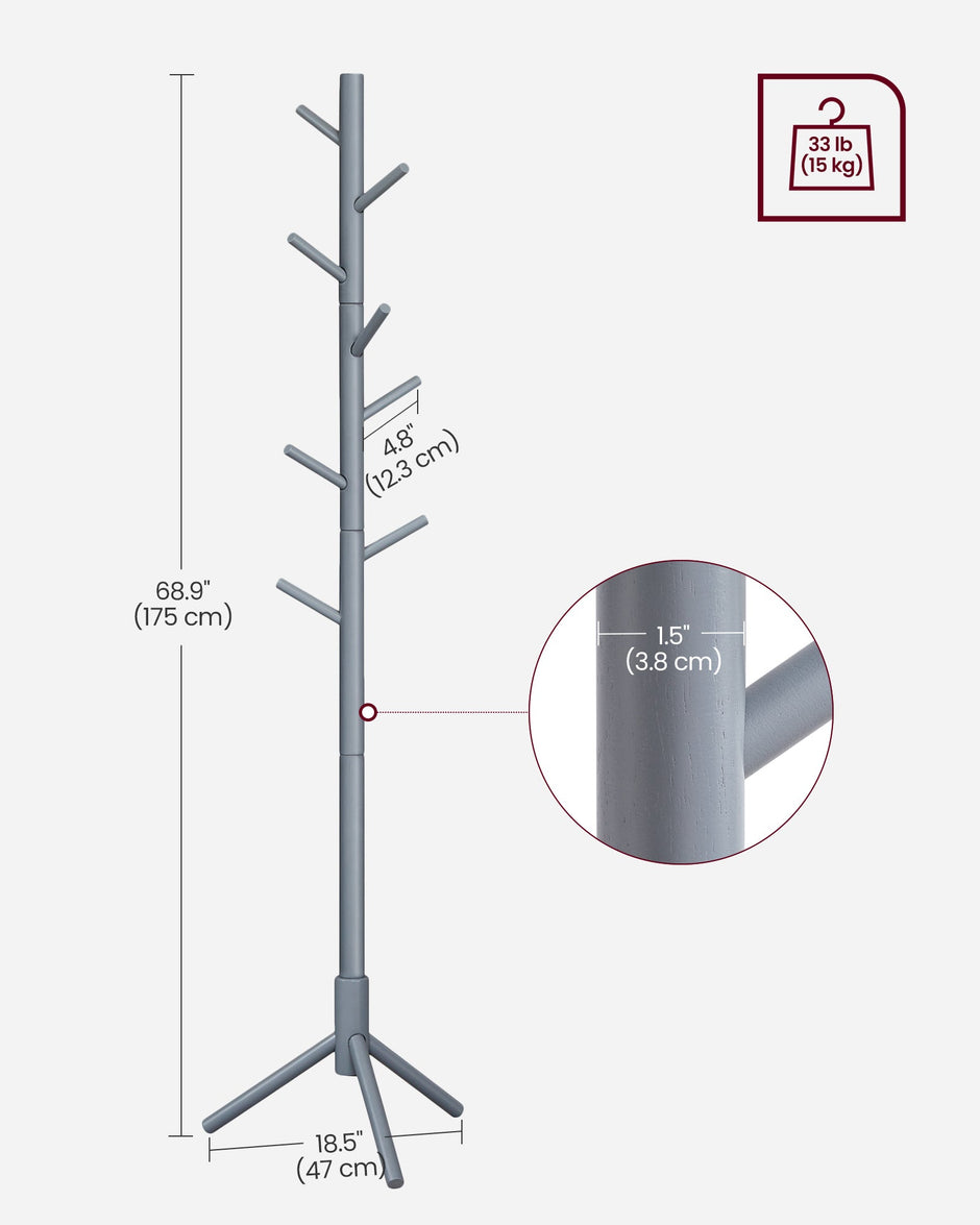 Coat Rack – Solid Wood – Black – Free Standing with 8 Hooks