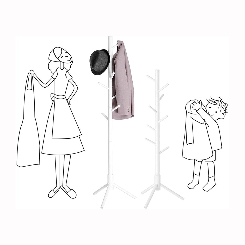 Coat Rack – Solid Wood – White – Freestanding with 8 Hooks for Entryway and Hallway