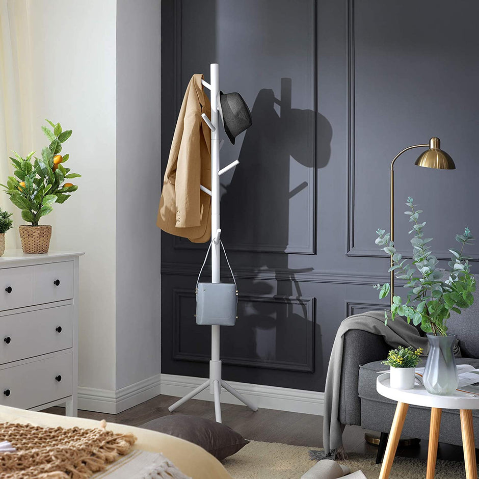 Coat Rack – Solid Wood – White – Freestanding with 8 Hooks for Entryway and Hallway