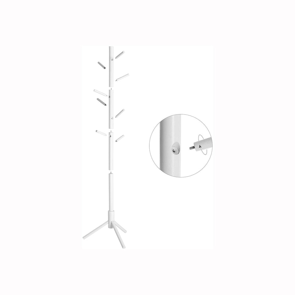 Coat Rack – Solid Wood – White – Freestanding with 8 Hooks for Entryway and Hallway