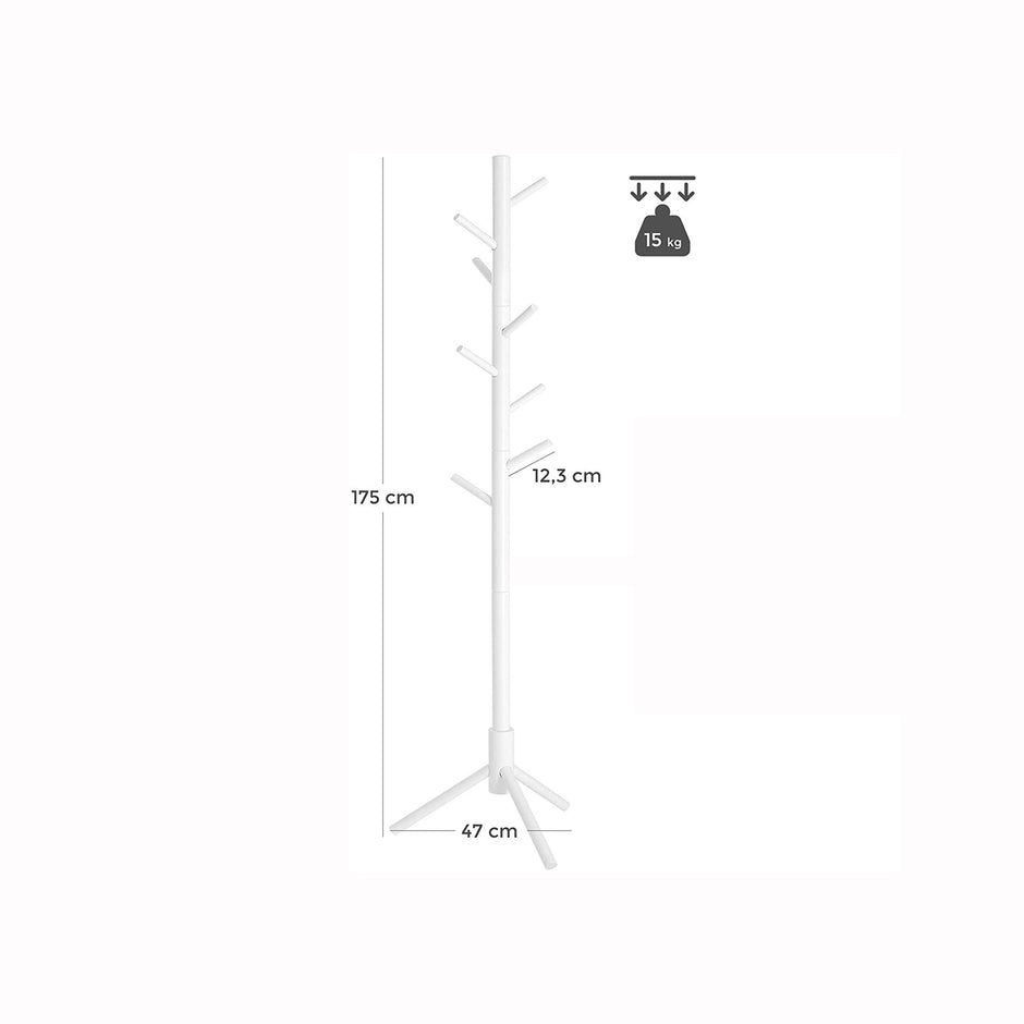 Coat Rack – Solid Wood – White – Freestanding with 8 Hooks for Entryway and Hallway
