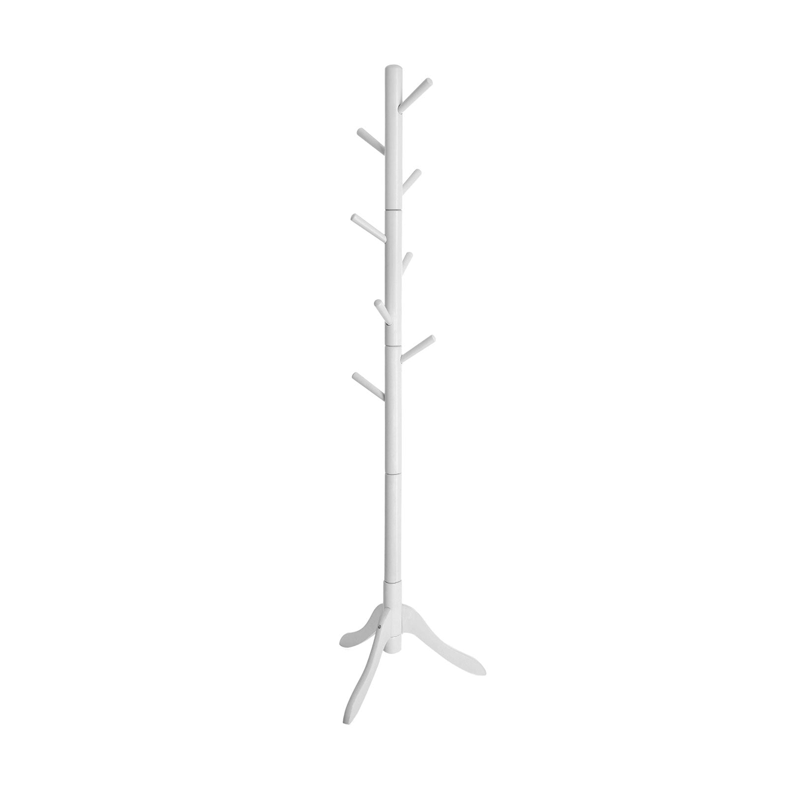 Freestanding Coat Stand – Solid Rubberwood – White – 8 Hooks for Coats, Hats, Bags, and Purses