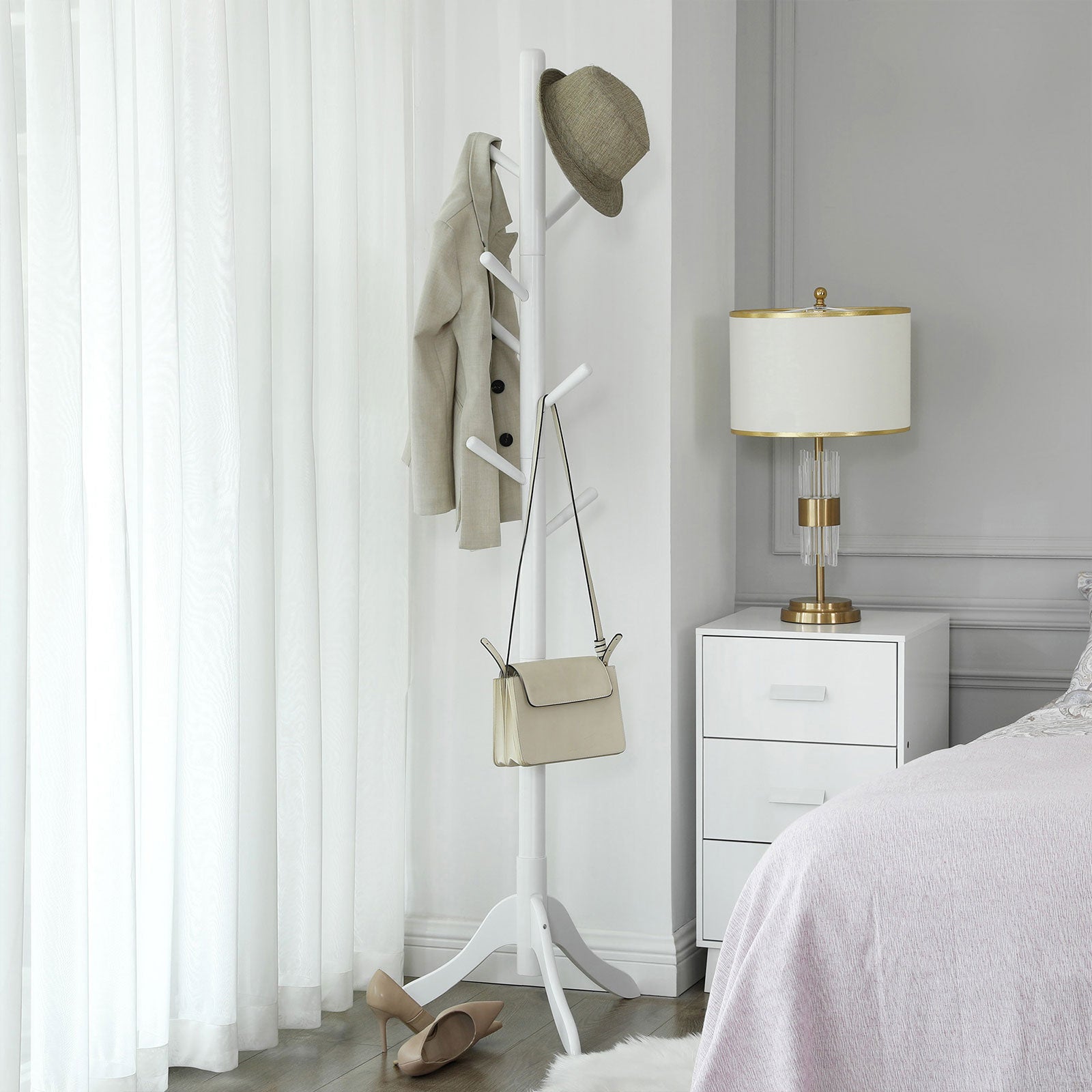 Freestanding Coat Stand – Solid Rubberwood – White – 8 Hooks for Coats, Hats, Bags, and Purses