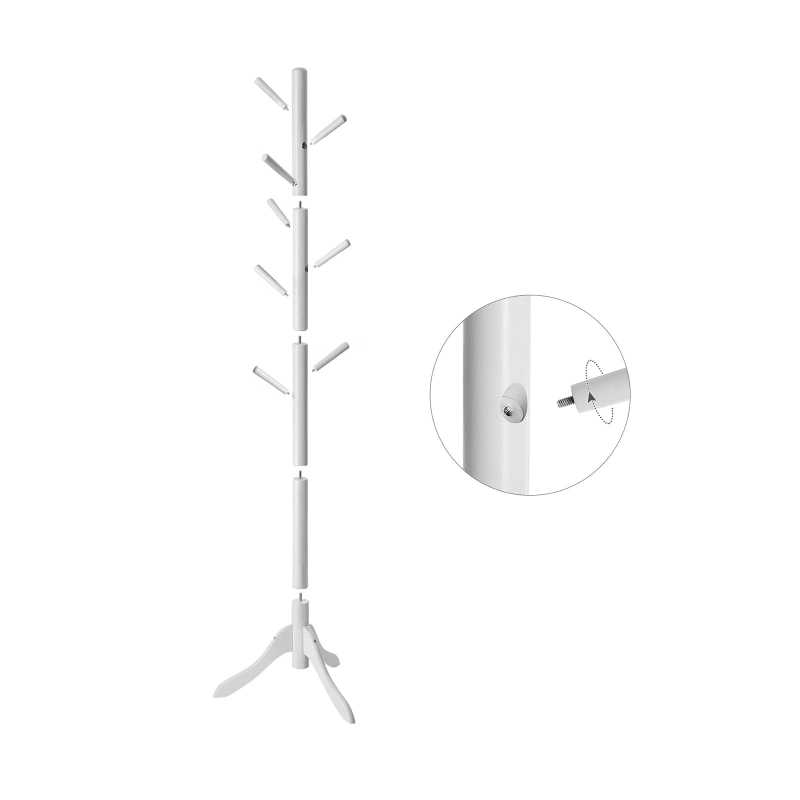 Freestanding Coat Stand – Solid Rubberwood – White – 8 Hooks for Coats, Hats, Bags, and Purses