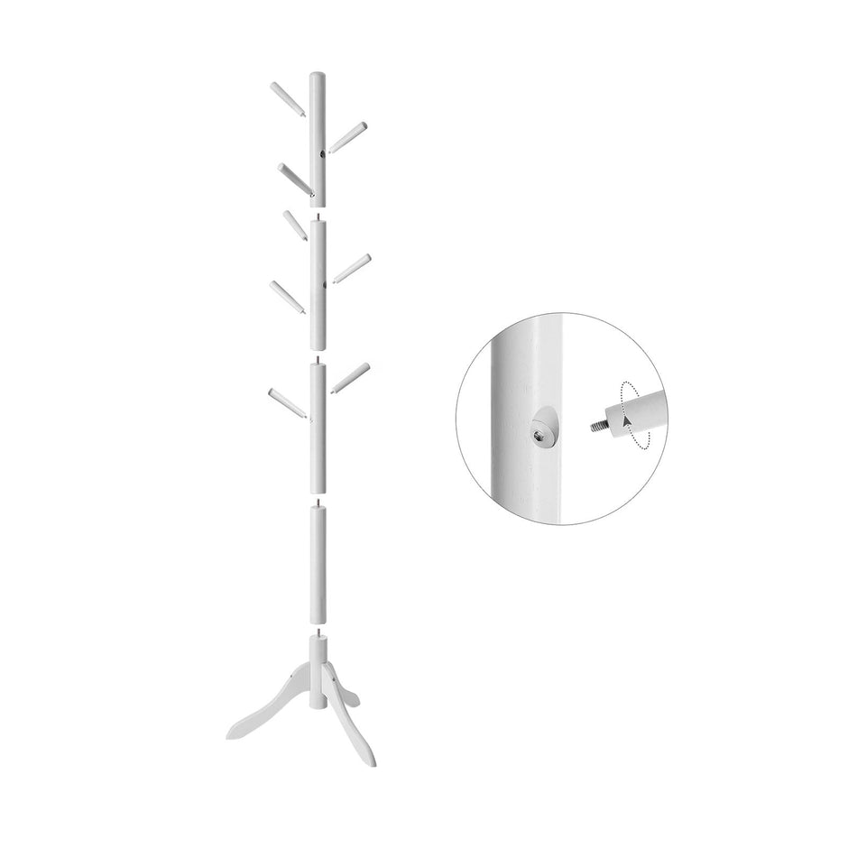 Freestanding Coat Stand – Solid Rubberwood – White – 8 Hooks for Coats, Hats, Bags, and Purses