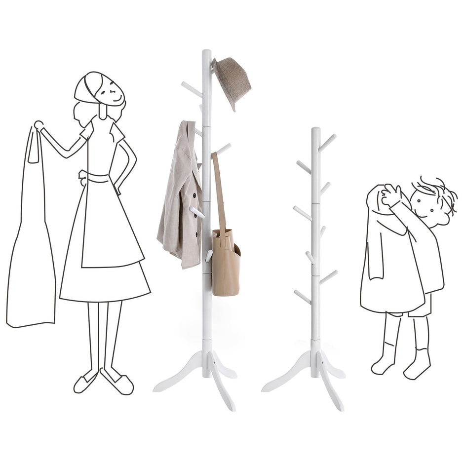 Freestanding Coat Stand – Solid Rubberwood – White – 8 Hooks for Coats, Hats, Bags, and Purses