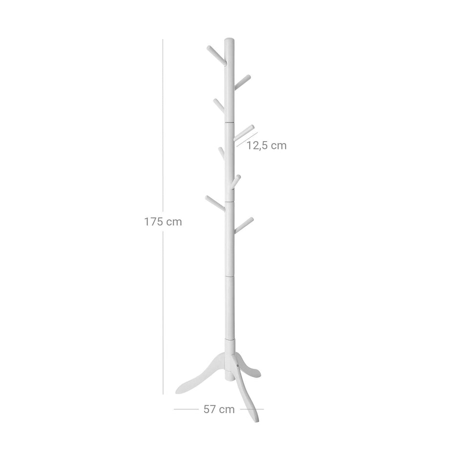 Freestanding Coat Stand – Solid Rubberwood – White – 8 Hooks for Coats, Hats, Bags, and Purses