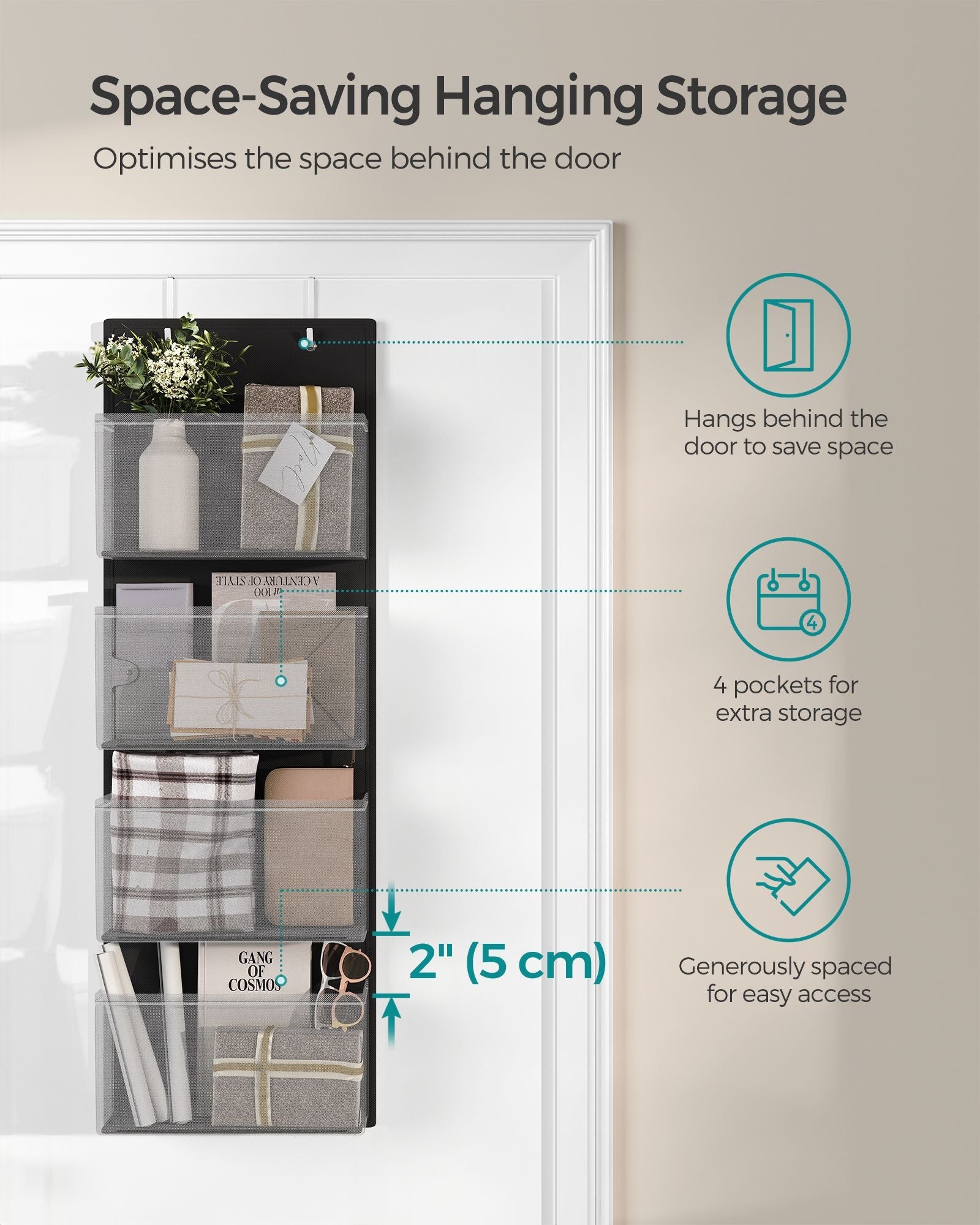 Set of 2 Over-Door Storage Organisers – Fabric – Ink Black – 4 Pocket Design