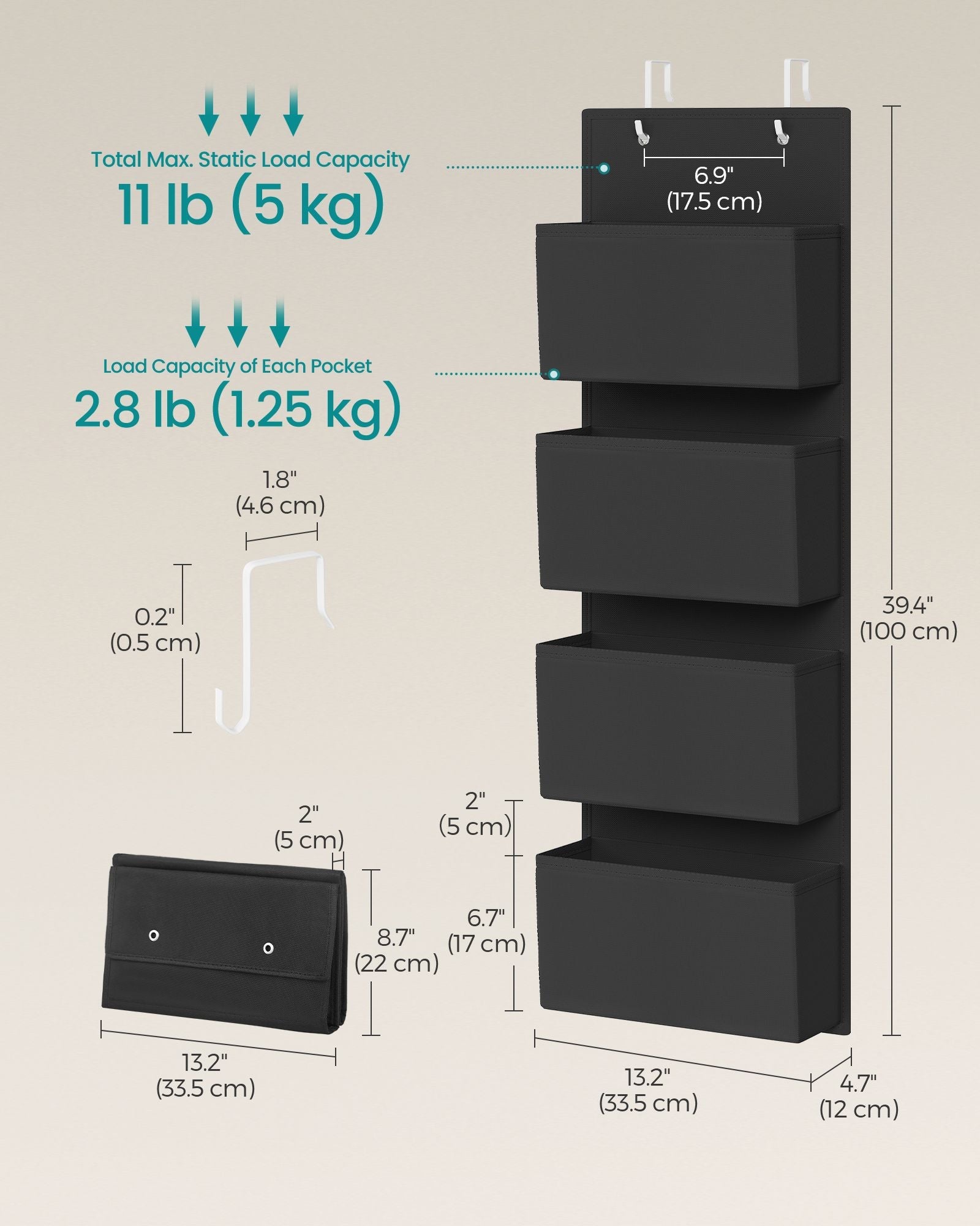 Set of 2 Over-Door Storage Organisers – Fabric – Ink Black – 4 Pocket Design