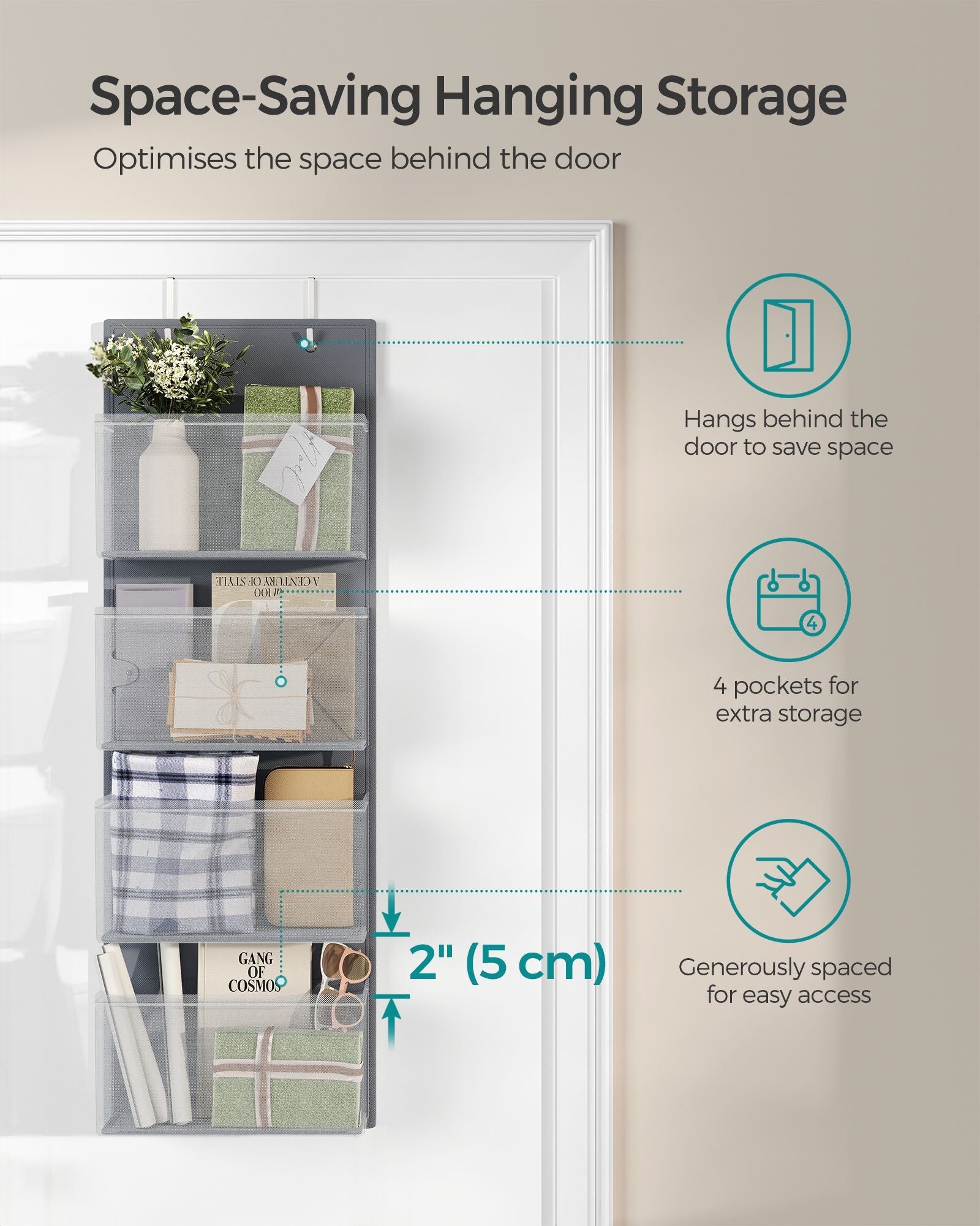 Over-Door Storage Organisers – Fabric – Slate Grey – Set of 2 with 4 Practical Pockets