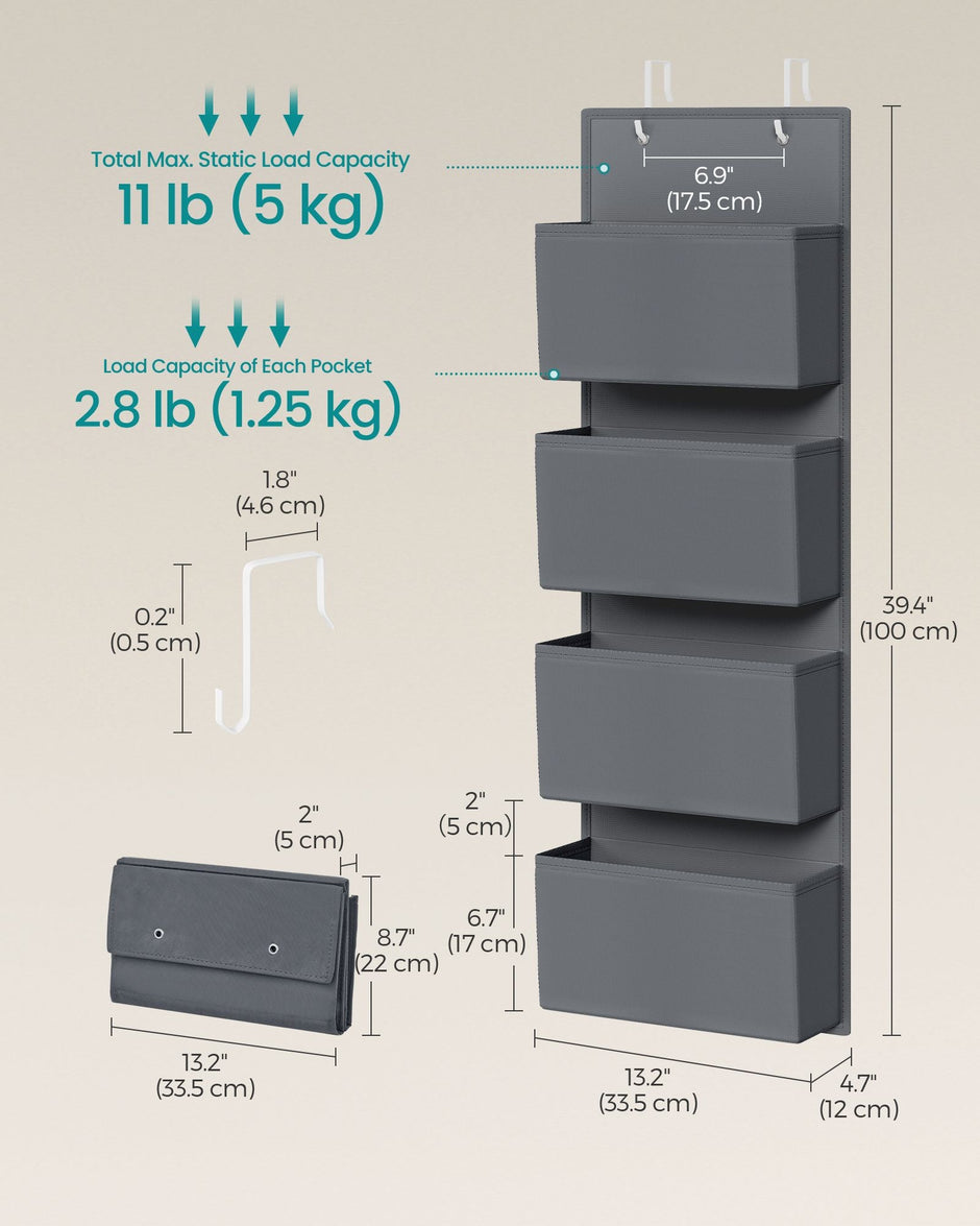 Over-Door Storage Organisers – Fabric – Slate Grey – Set of 2 with 4 Practical Pockets