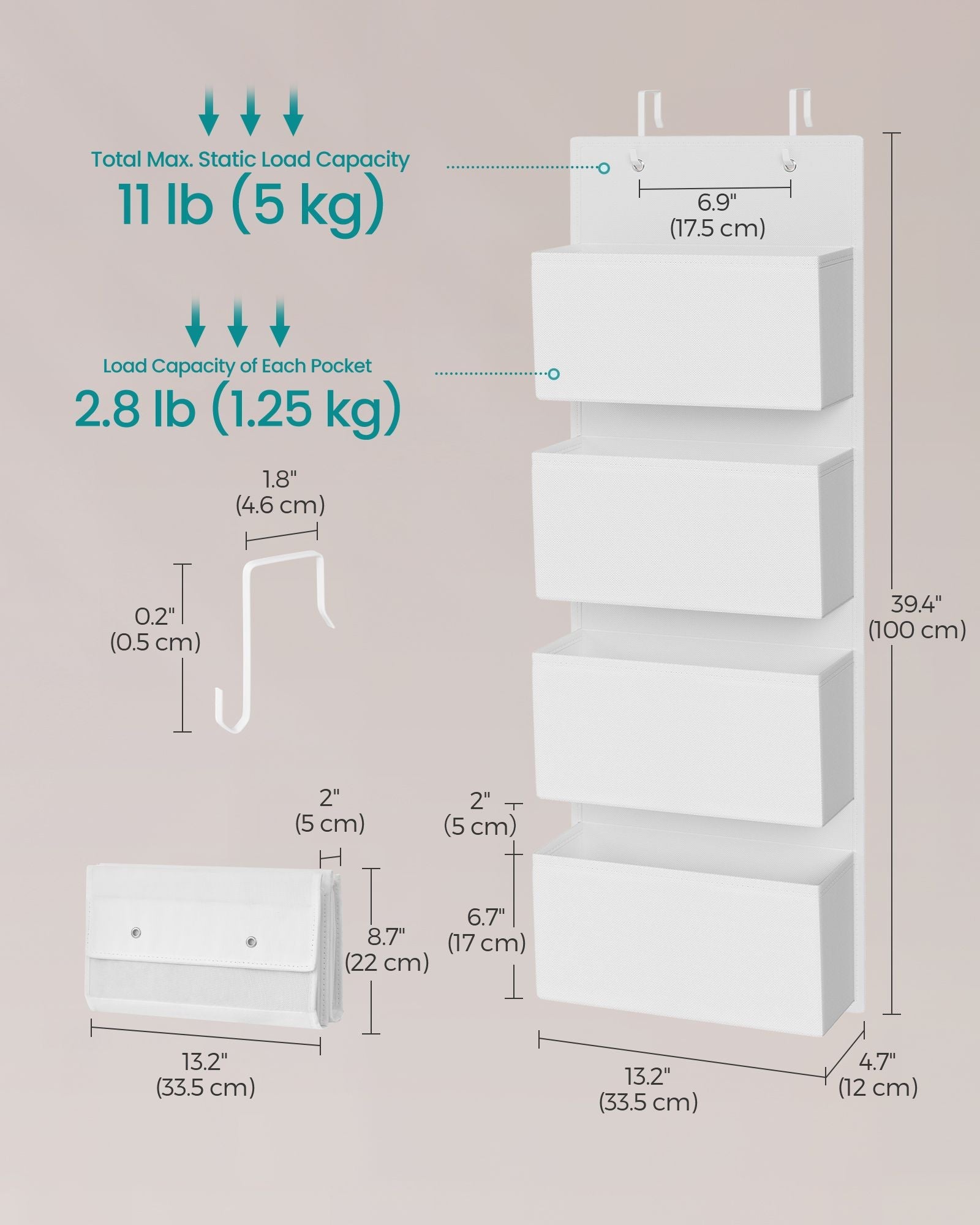 Over-Door Storage Organiser – Fabric – Cloud White – 4 Pockets