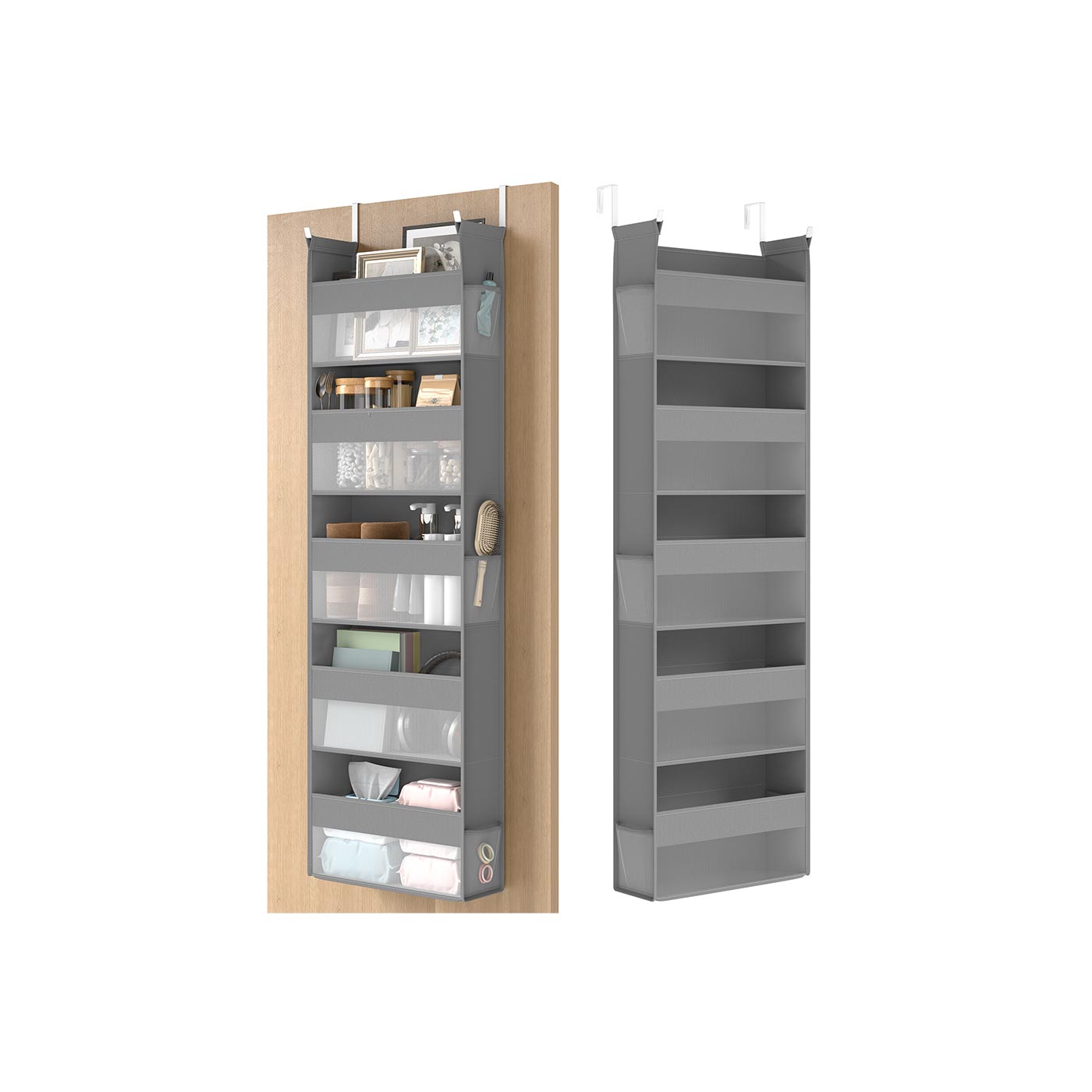 Hanging Door Organiser – Transparent Nylon Mesh – Dove Grey – 5 Large Pockets, Foldable