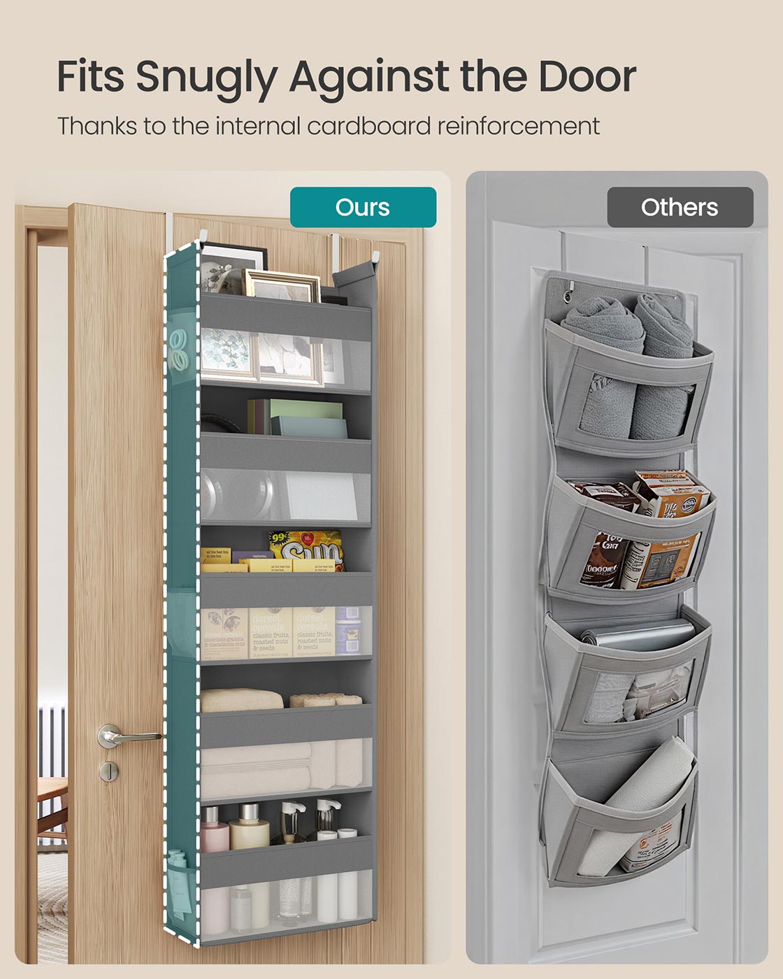Hanging Door Organiser – Transparent Nylon Mesh – Dove Grey – 5 Large Pockets, Foldable