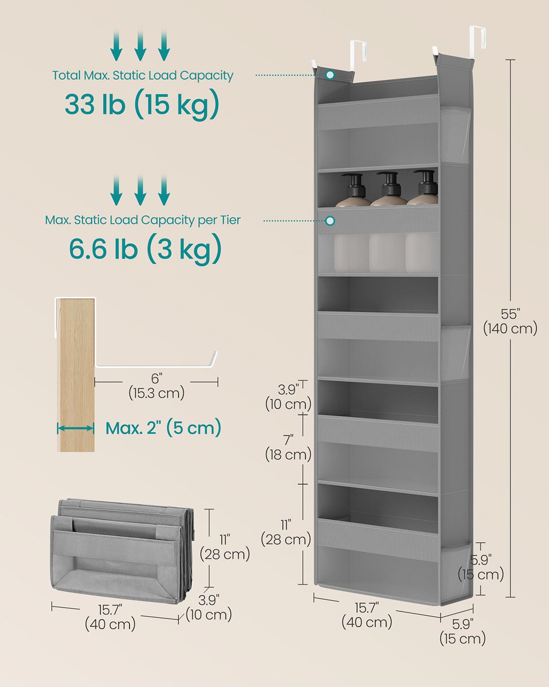 Hanging Door Organiser – Transparent Nylon Mesh – Dove Grey – 5 Large Pockets, Foldable