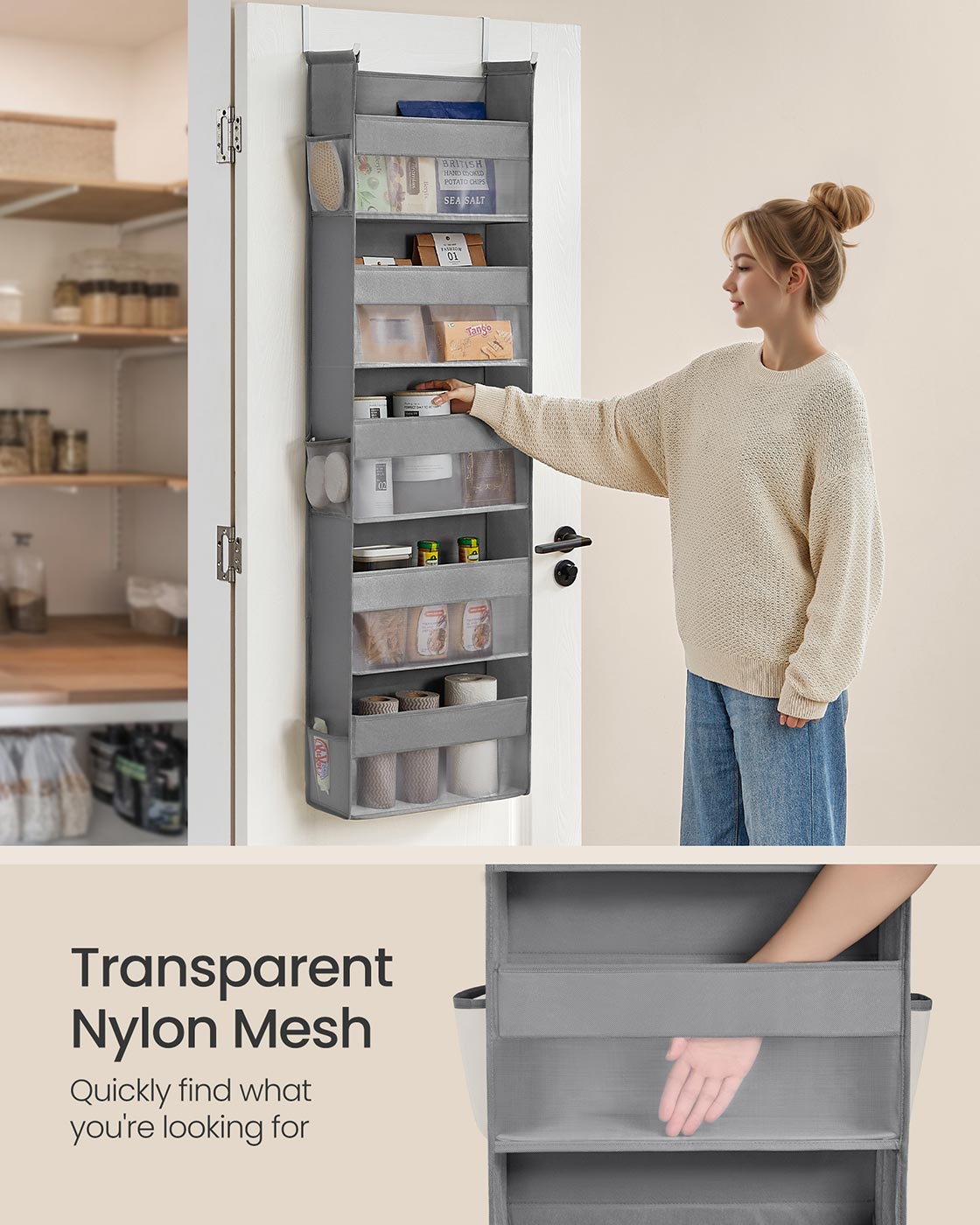 Hanging Door Organiser – Transparent Nylon Mesh – Dove Grey – 5 Large Pockets, Foldable