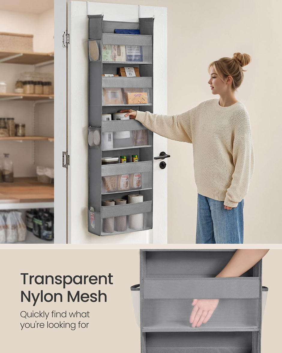 Hanging Door Organiser – Transparent Nylon Mesh – Dove Grey – 5 Large Pockets, Foldable
