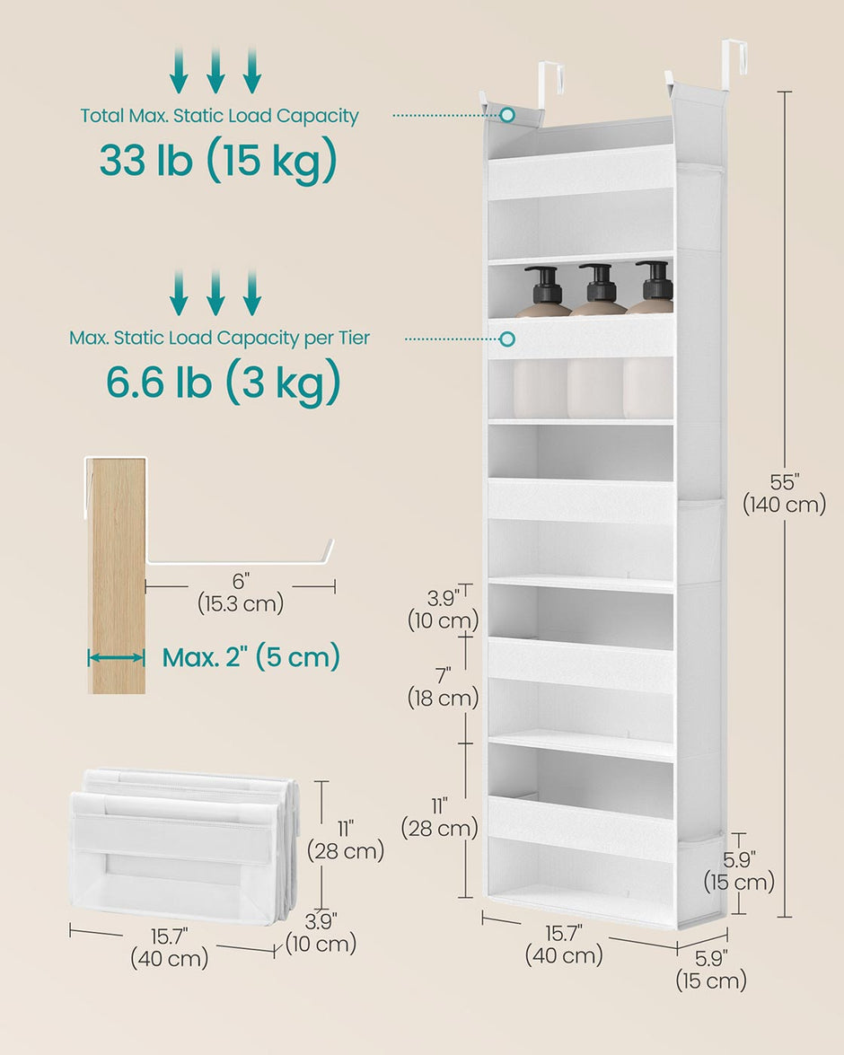 Over the Door Organiser – Transparent Nylon Mesh – Cloud White – 5 Large Pockets