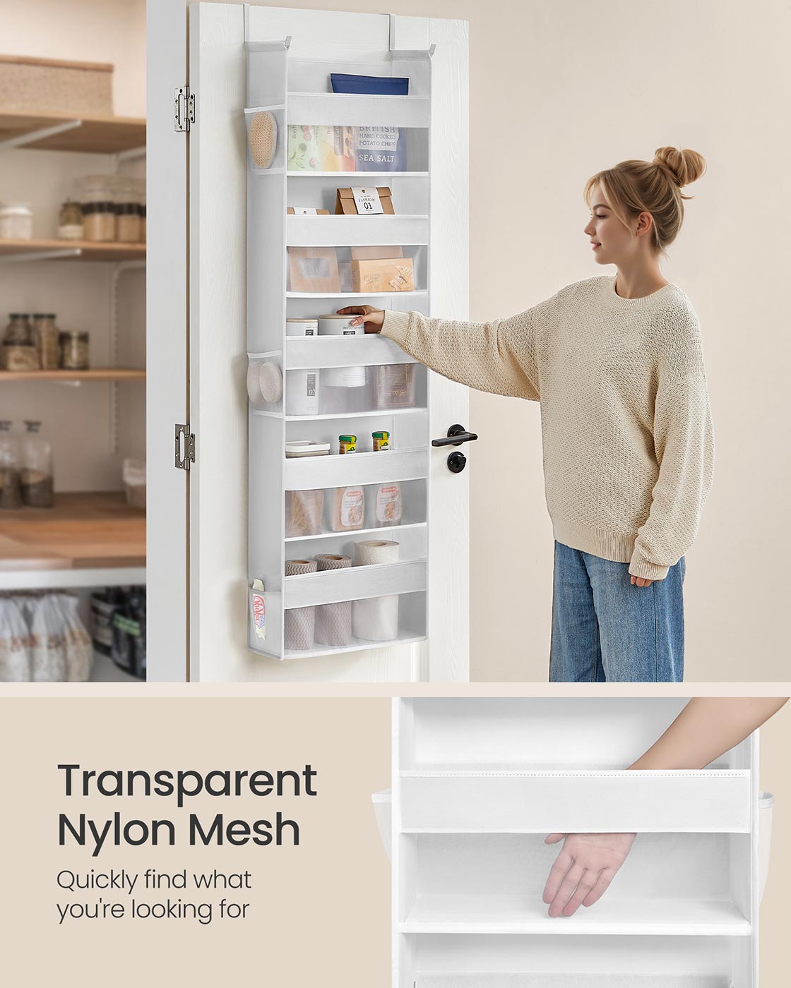 Over the Door Organiser – Transparent Nylon Mesh – Cloud White – 5 Large Pockets