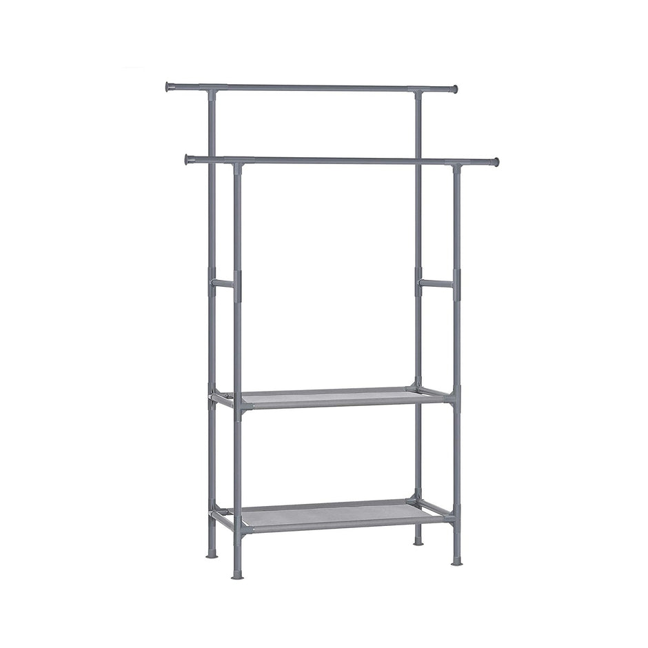 Clothes Rack – Metal – Grey – 2 Hanging Rails and 2 Storage Shelves