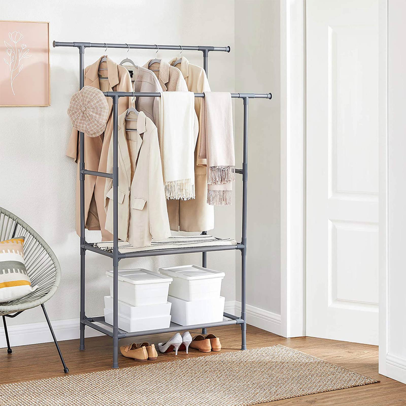 Clothes Rack – Metal – Grey – 2 Hanging Rails and 2 Storage Shelves