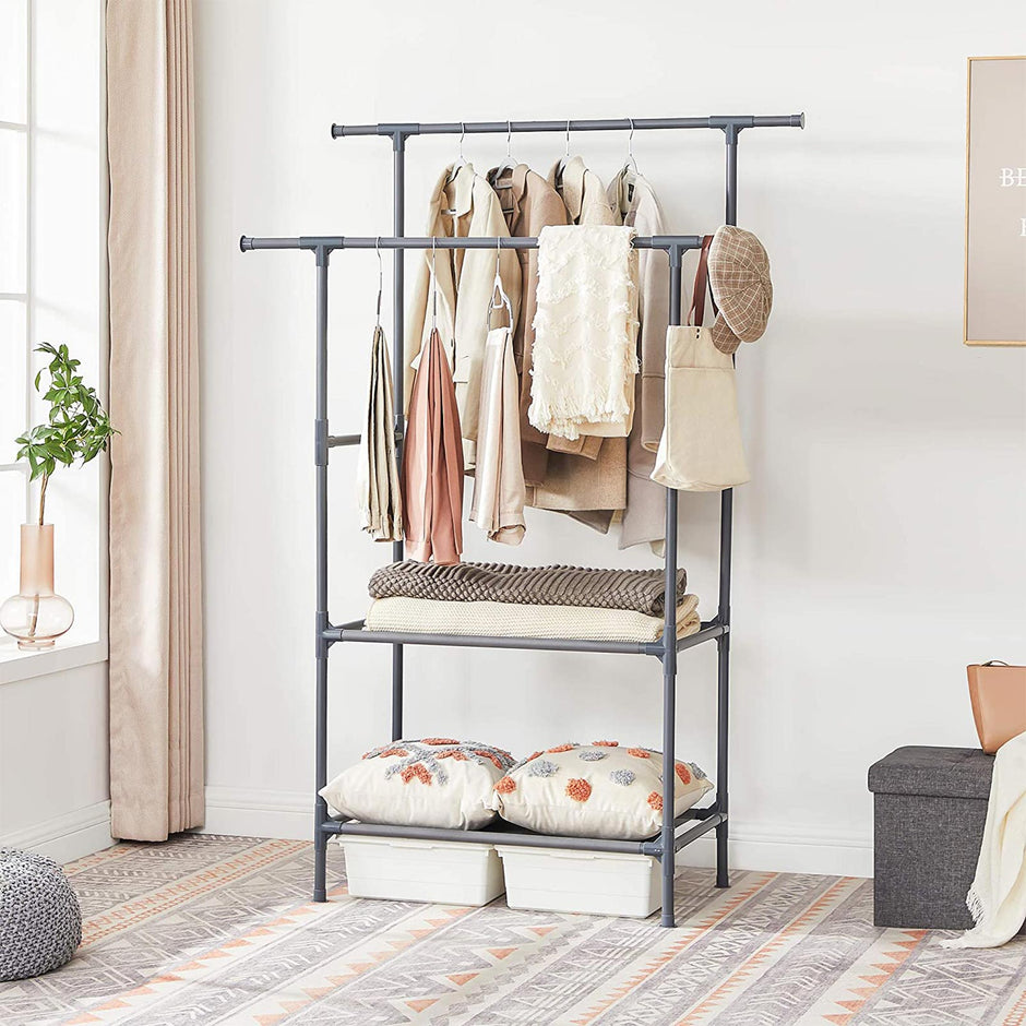 Clothes Rack – Metal – Grey – 2 Hanging Rails and 2 Storage Shelves