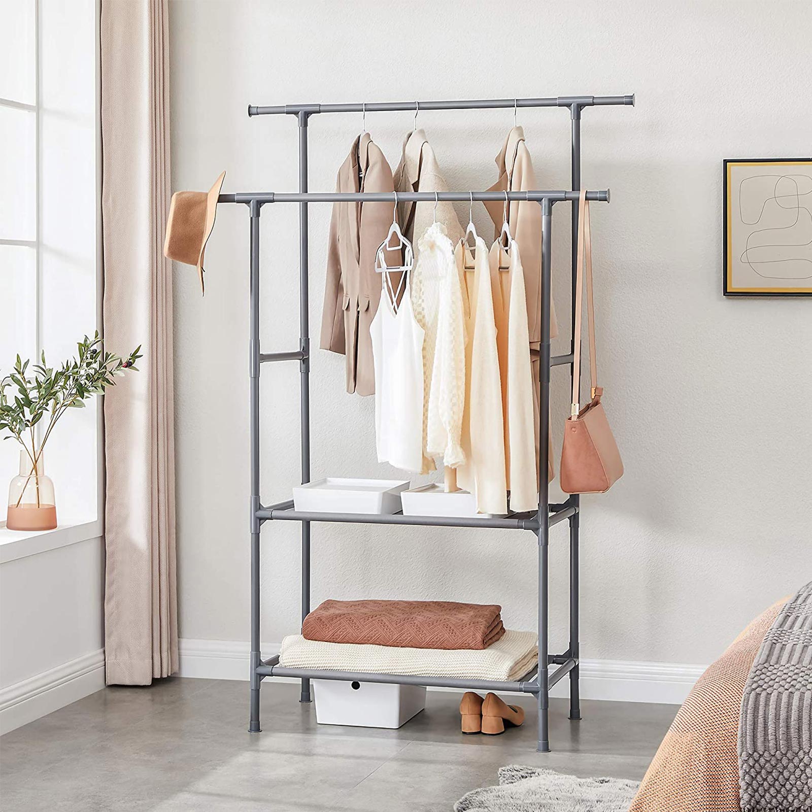 Clothes Rack – Metal – Grey – 2 Hanging Rails and 2 Storage Shelves