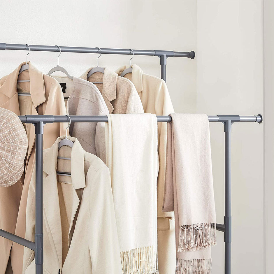 Clothes Rack – Metal – Grey – 2 Hanging Rails and 2 Storage Shelves