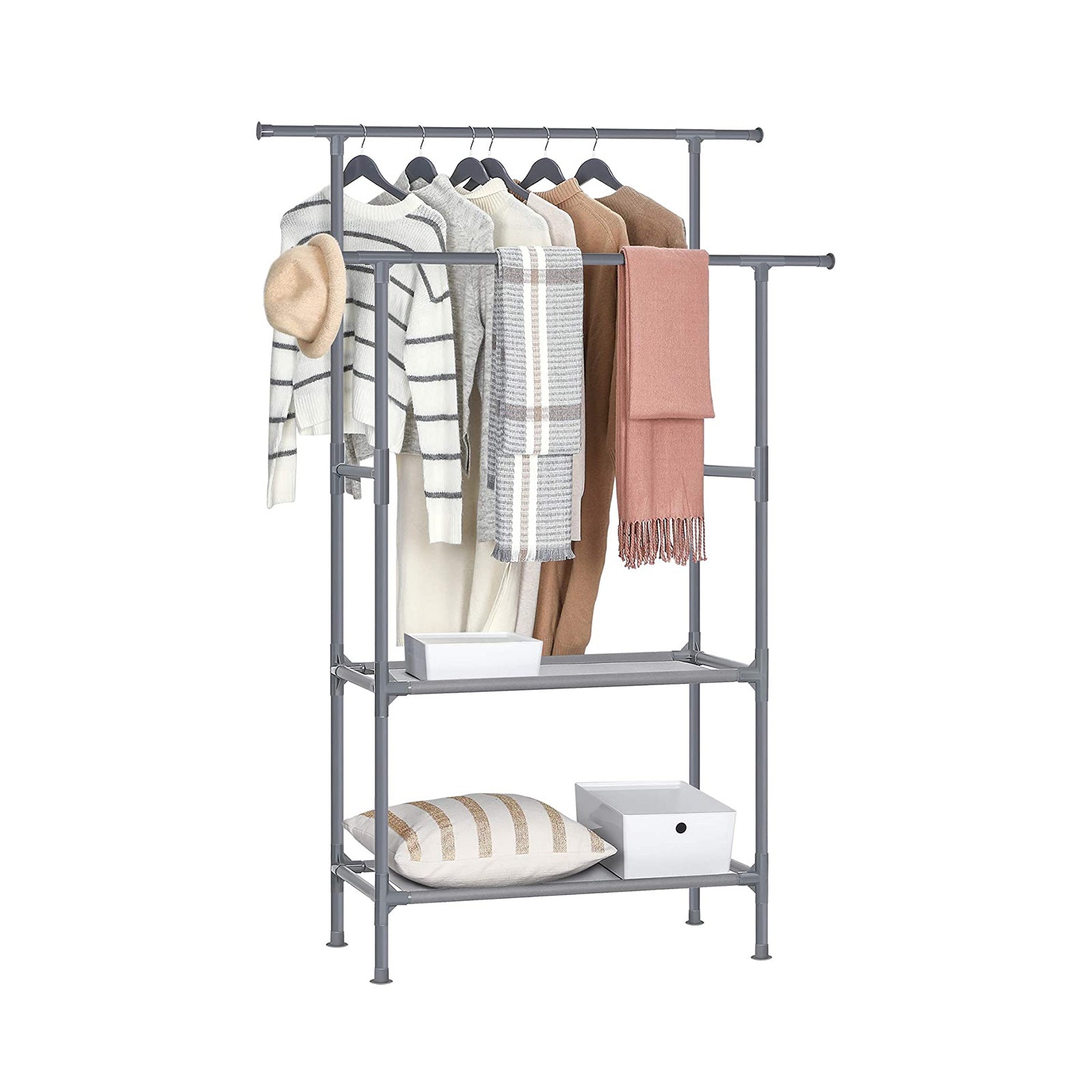 Clothes Rack – Metal – Grey – 2 Hanging Rails and 2 Storage Shelves