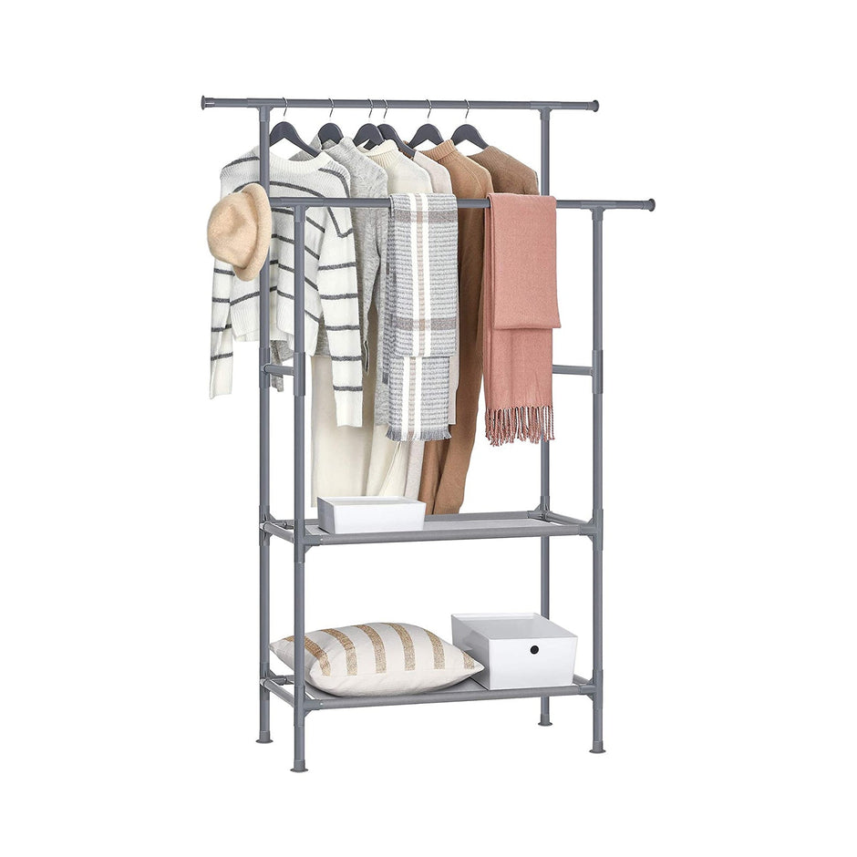 Clothes Rack – Metal – Grey – 2 Hanging Rails and 2 Storage Shelves