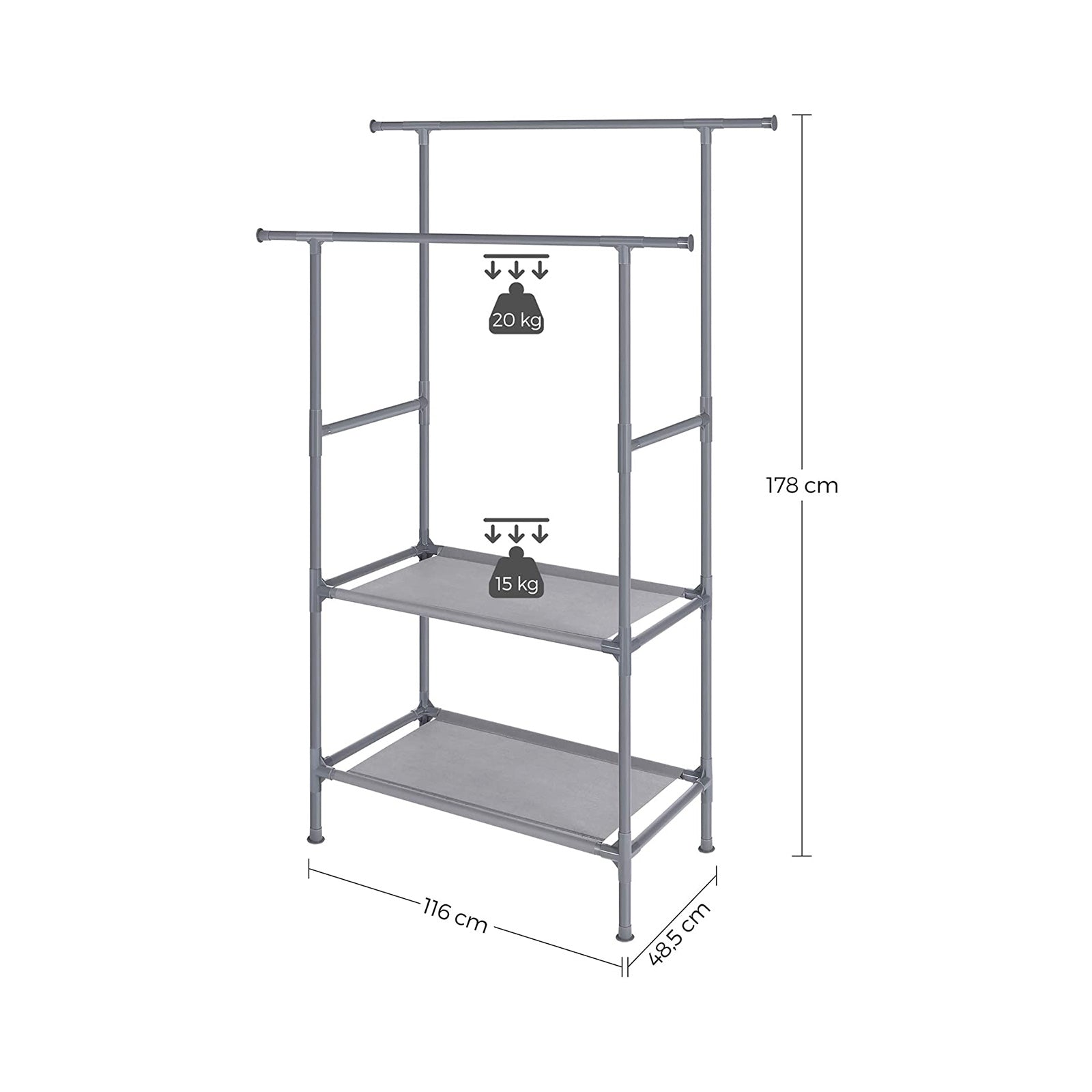 Clothes Rack – Metal – Grey – 2 Hanging Rails and 2 Storage Shelves