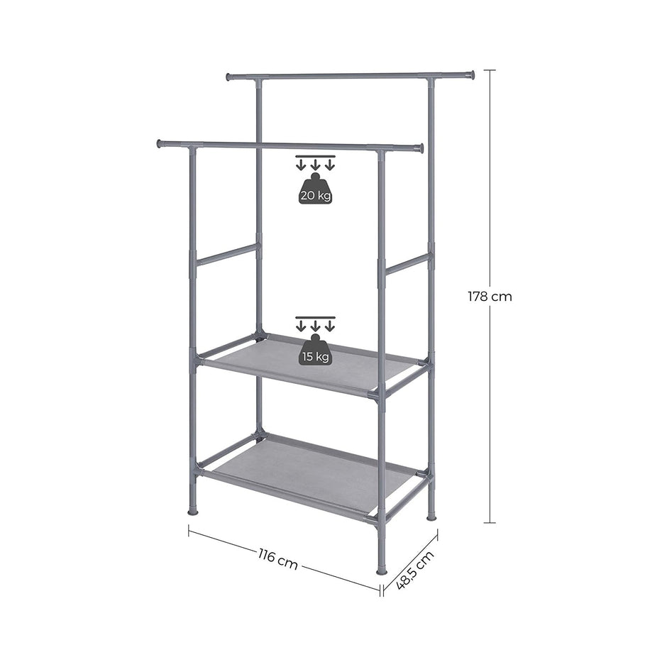 Clothes Rack – Metal – Grey – 2 Hanging Rails and 2 Storage Shelves