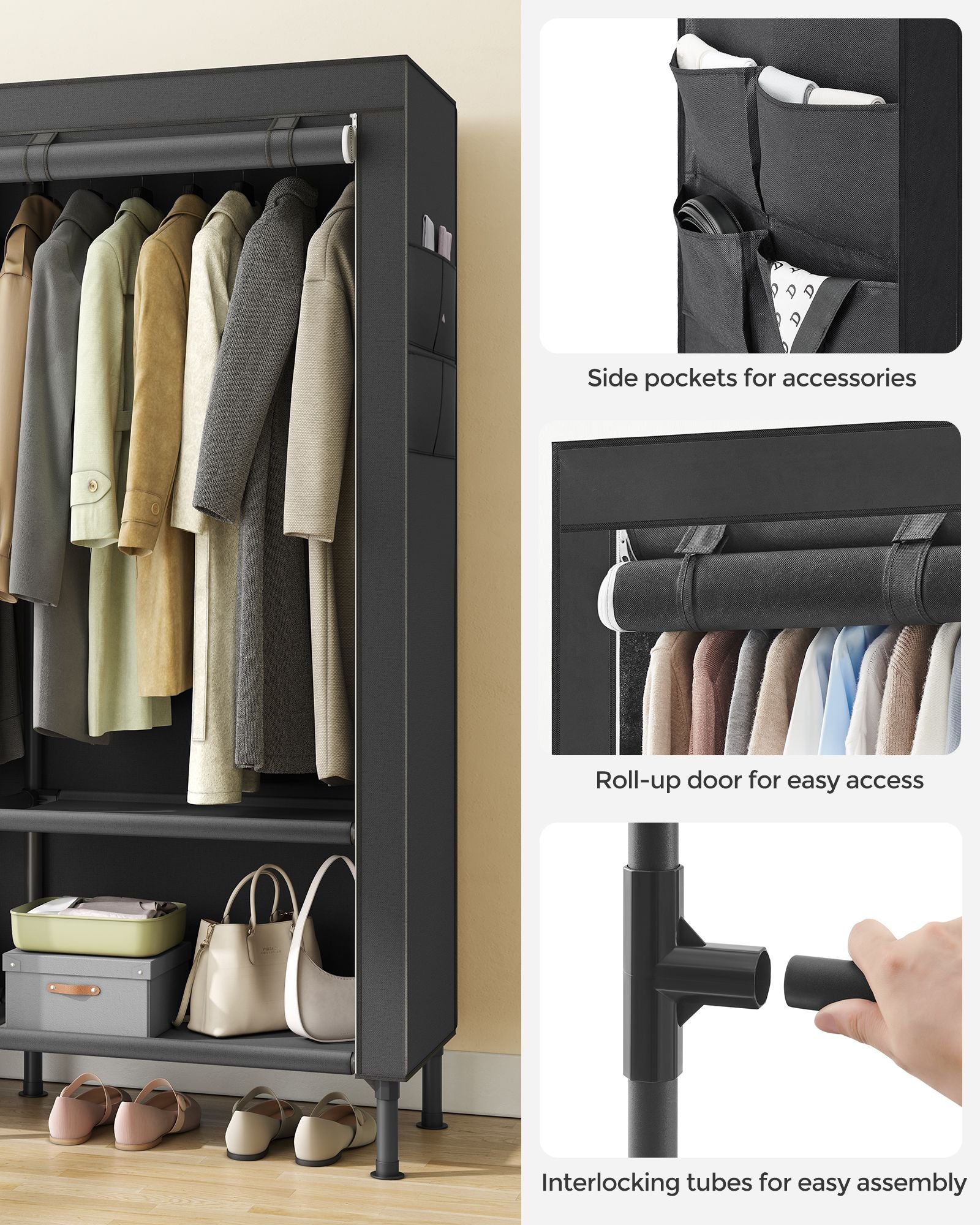 Portable Fabric Wardrobe – Steel Frame – Black – 110 kg Capacity, Easy Assembly