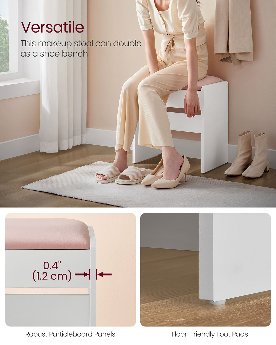 Makeup Stool – Velvet – Matte White and Jelly Pink – Upholstered with Anti-Slip Pads