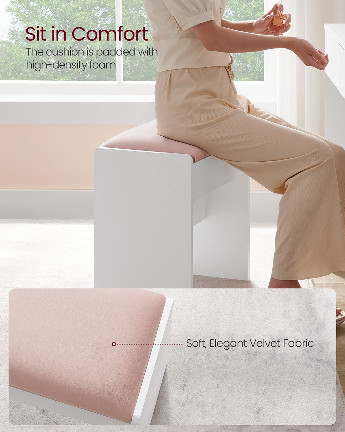 Makeup Stool – Velvet – Matte White and Jelly Pink – Upholstered with Anti-Slip Pads