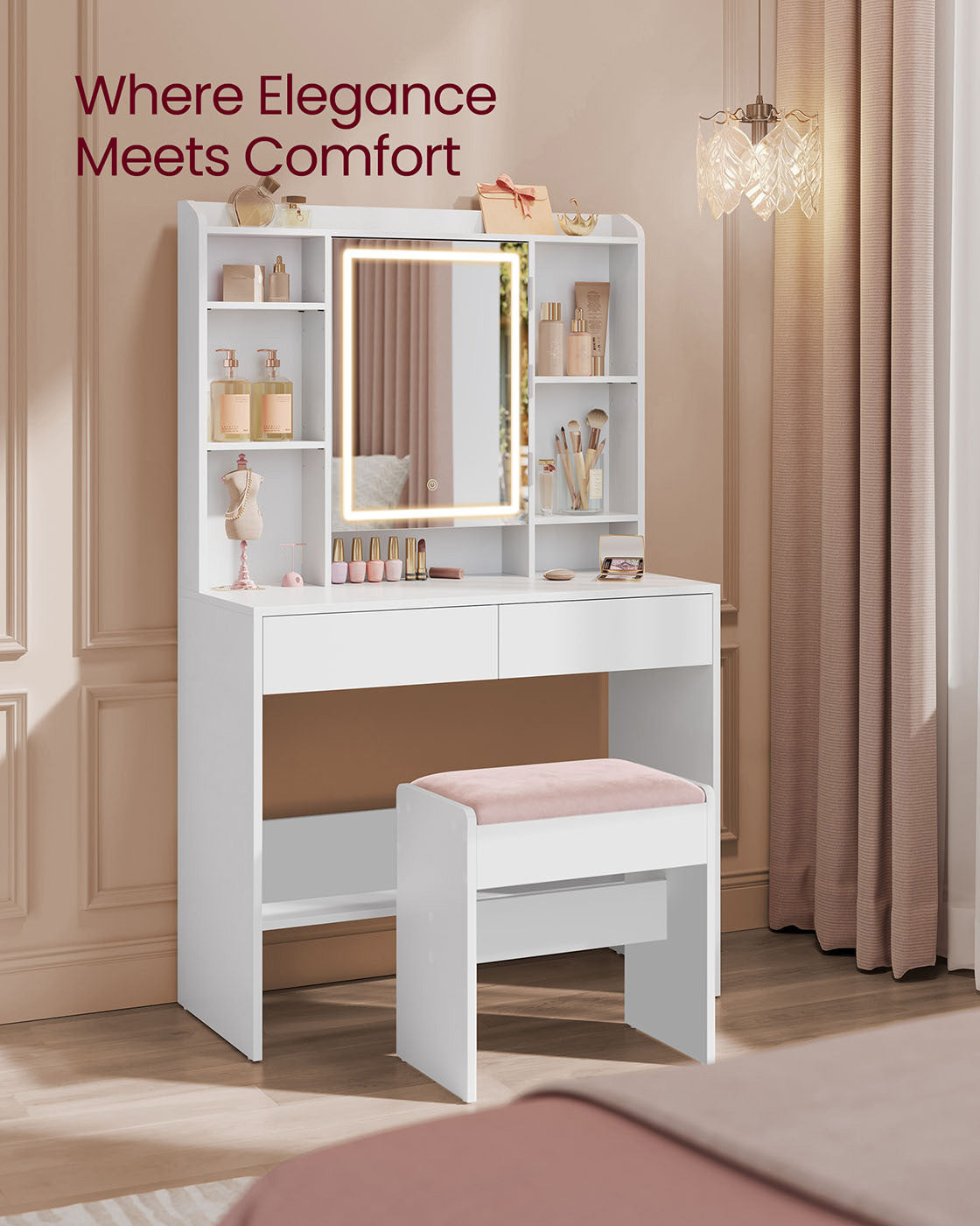 Makeup Stool – Velvet – Matte White and Jelly Pink – Upholstered with Anti-Slip Pads