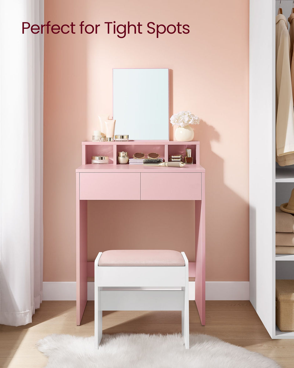 Dressing Table – MDF – Jelly Pink – Large Rectangular Mirror, 2 Drawers and 3 Open Compartments