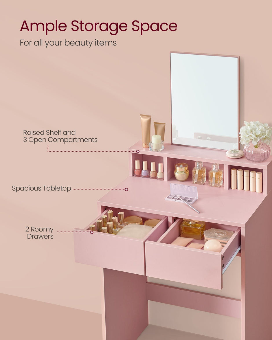 Dressing Table – MDF – Jelly Pink – Large Rectangular Mirror, 2 Drawers and 3 Open Compartments