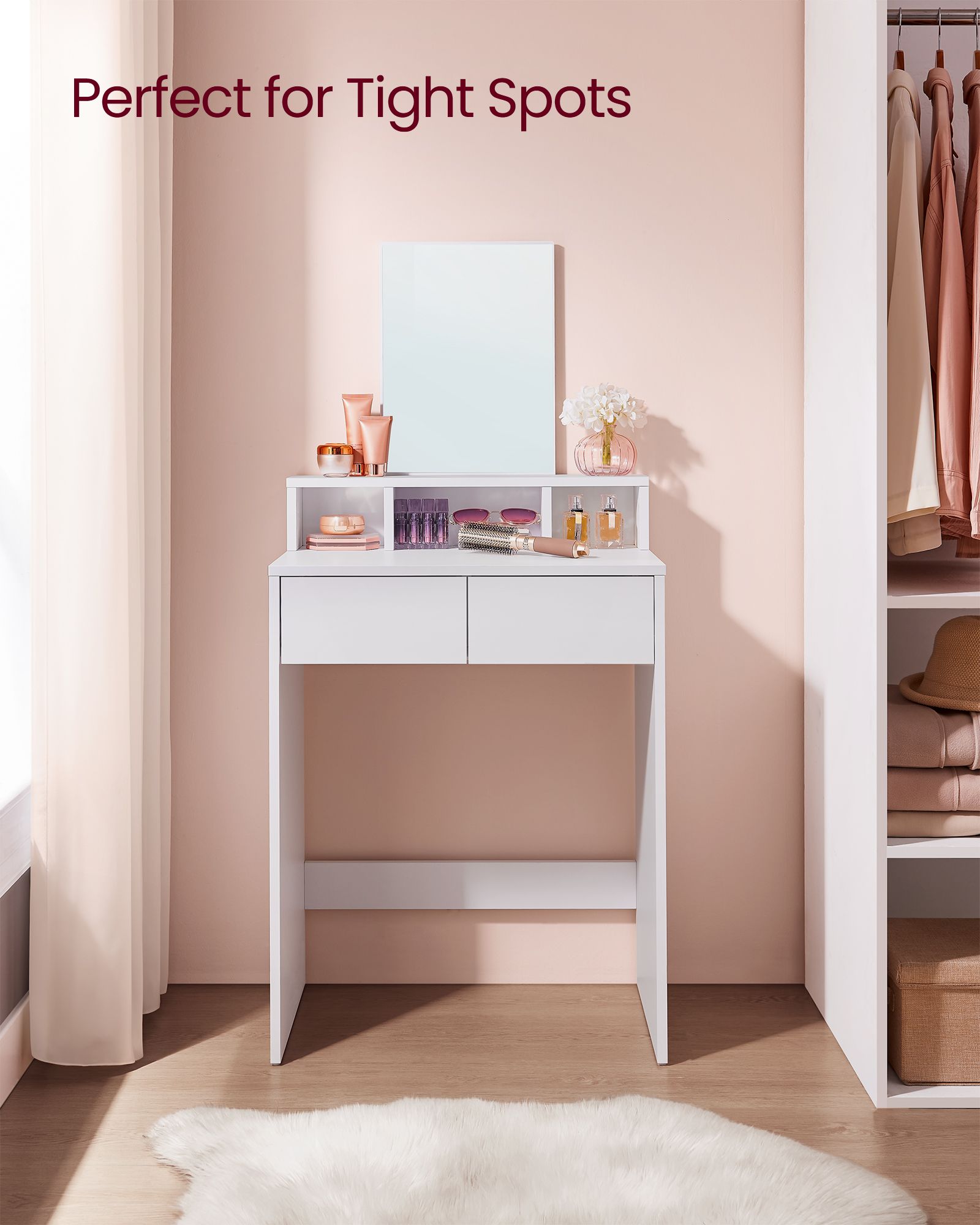 Dressing Table – Wood – Cloud White – Large Mirror, 2 Drawers, and 3 Open Compartments