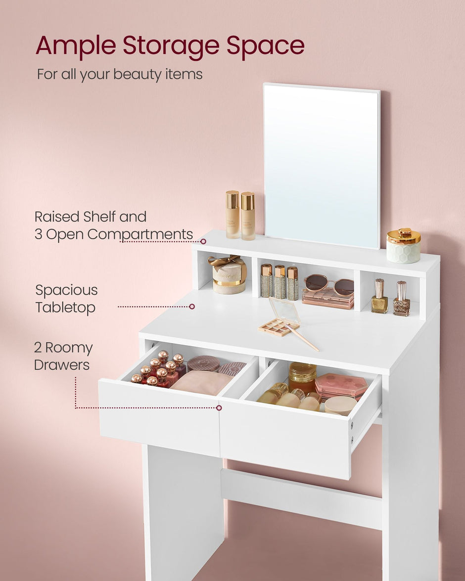 Dressing Table – Wood – Cloud White – Large Mirror, 2 Drawers, and 3 Open Compartments