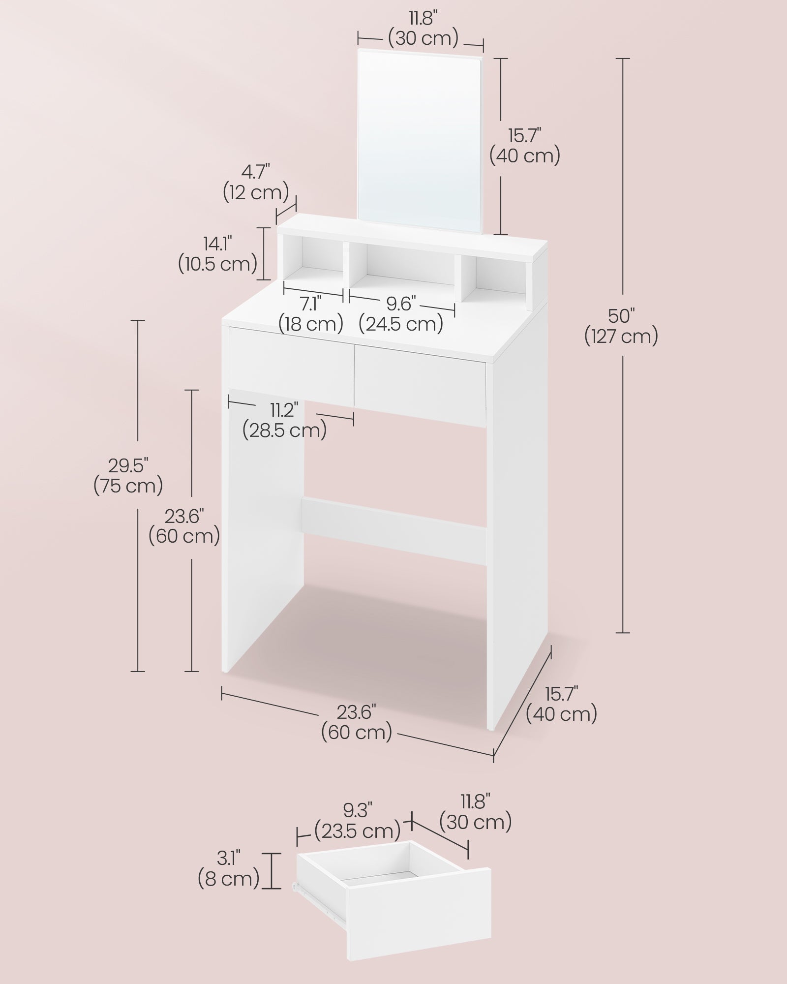 Dressing Table – Wood – Cloud White – Large Mirror, 2 Drawers, and 3 Open Compartments