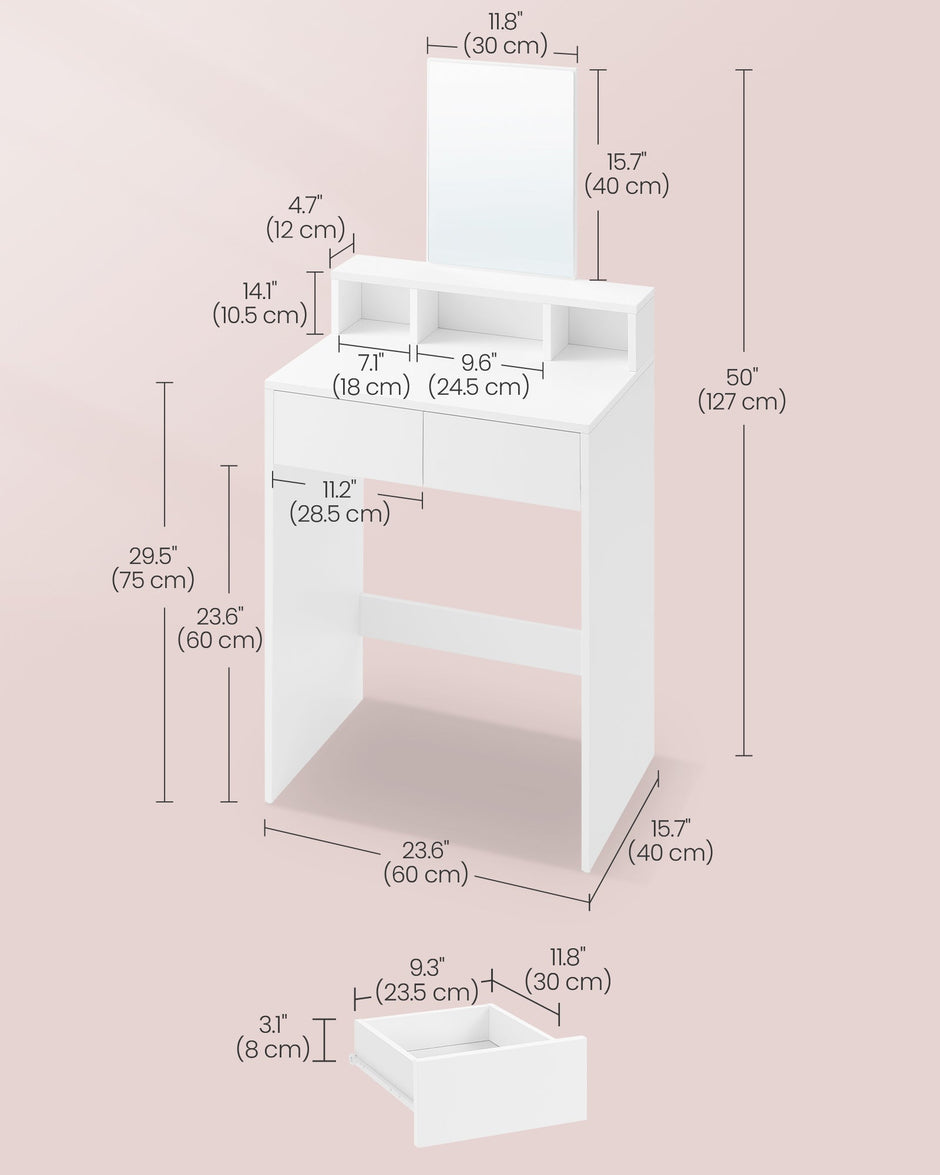 Dressing Table – Wood – Cloud White – Large Mirror, 2 Drawers, and 3 Open Compartments