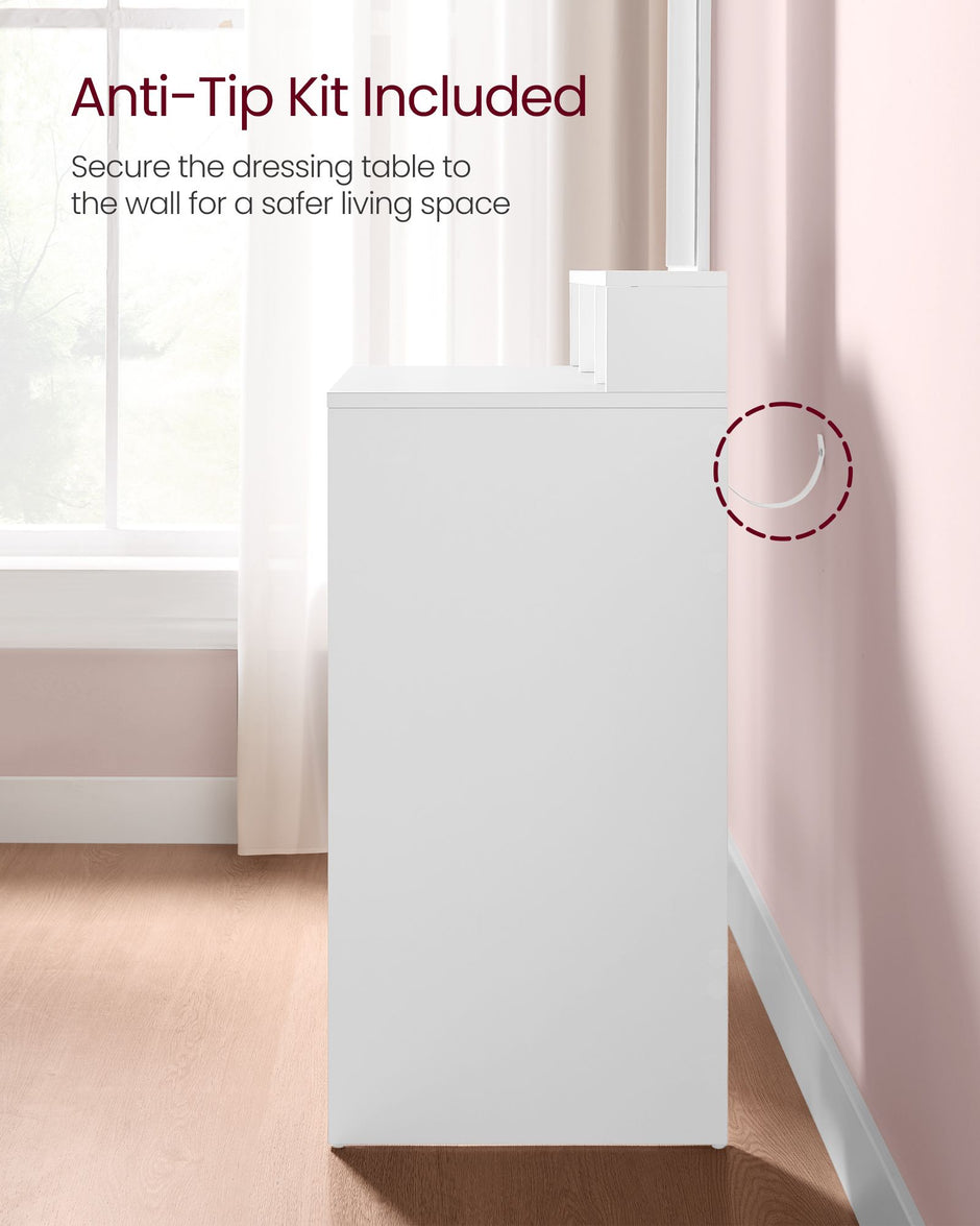 Dressing Table – Wood – Cloud White – Large Mirror, 2 Drawers, and 3 Open Compartments