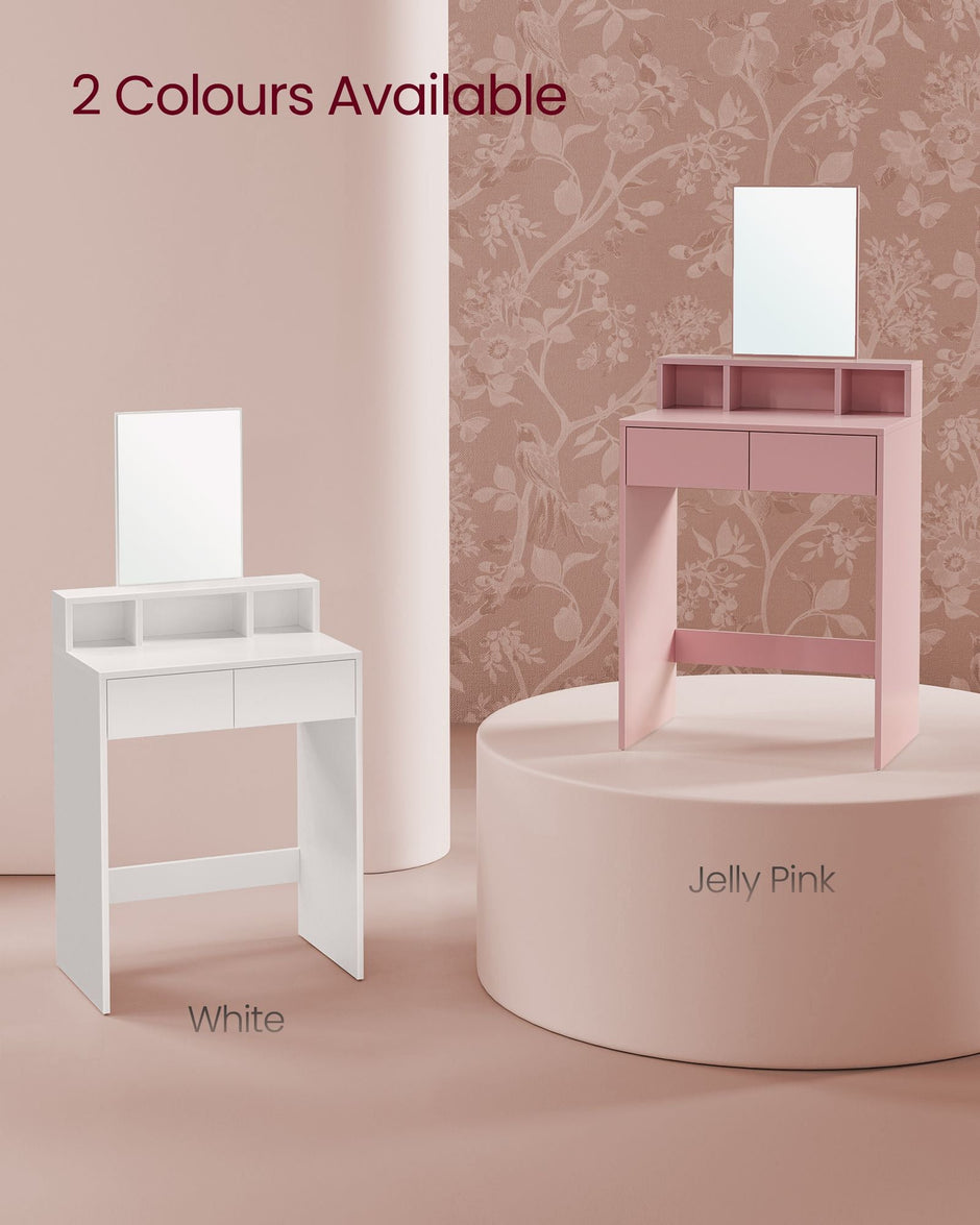 Dressing Table – Wood – Cloud White – Large Mirror, 2 Drawers, and 3 Open Compartments