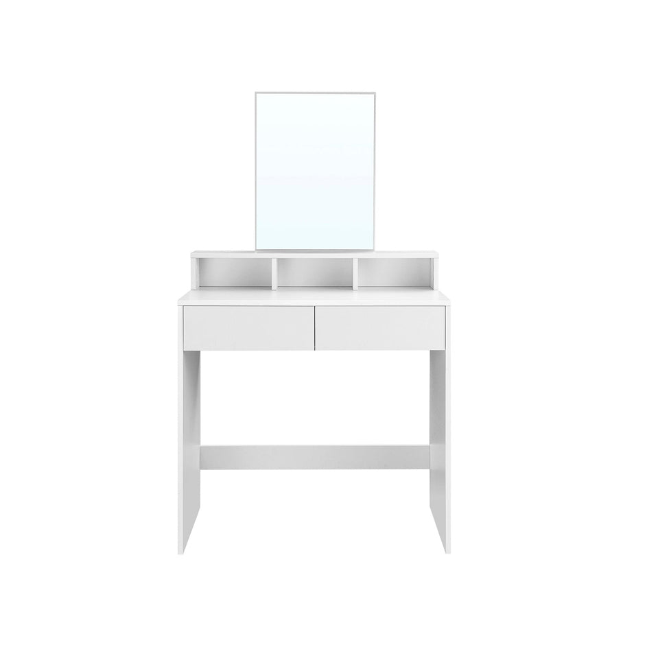Dressing Table – Wood – White – Rectangular Mirror with 2 Drawers and 3 Open Compartments